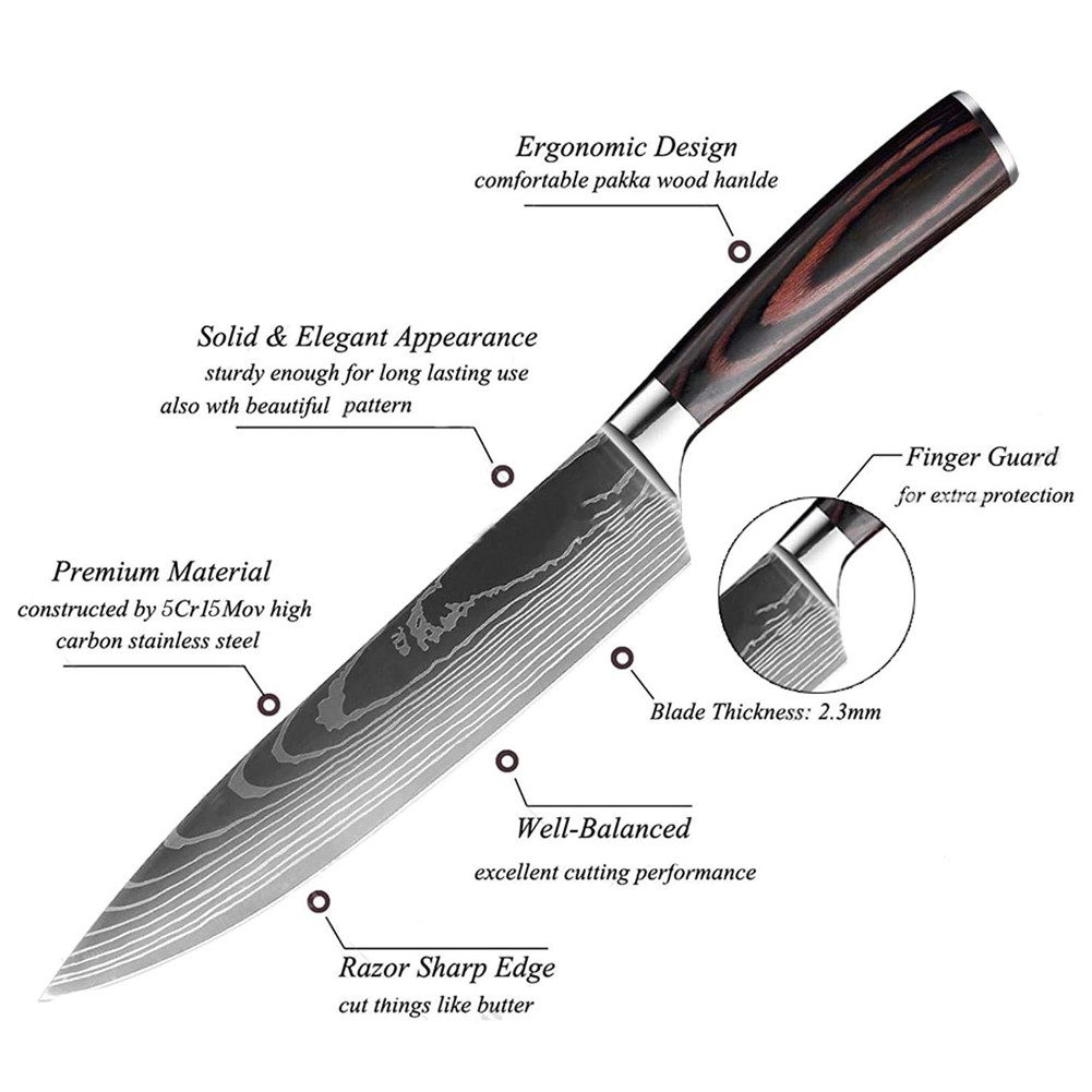 HT Messer-Set Messerset aus Hochwertigem Carbon Edelstahl, Küchenmesser Set (8-tlg), Scharf Messer Set, Profi Kochmesser Set mit Ergonomischen Griff