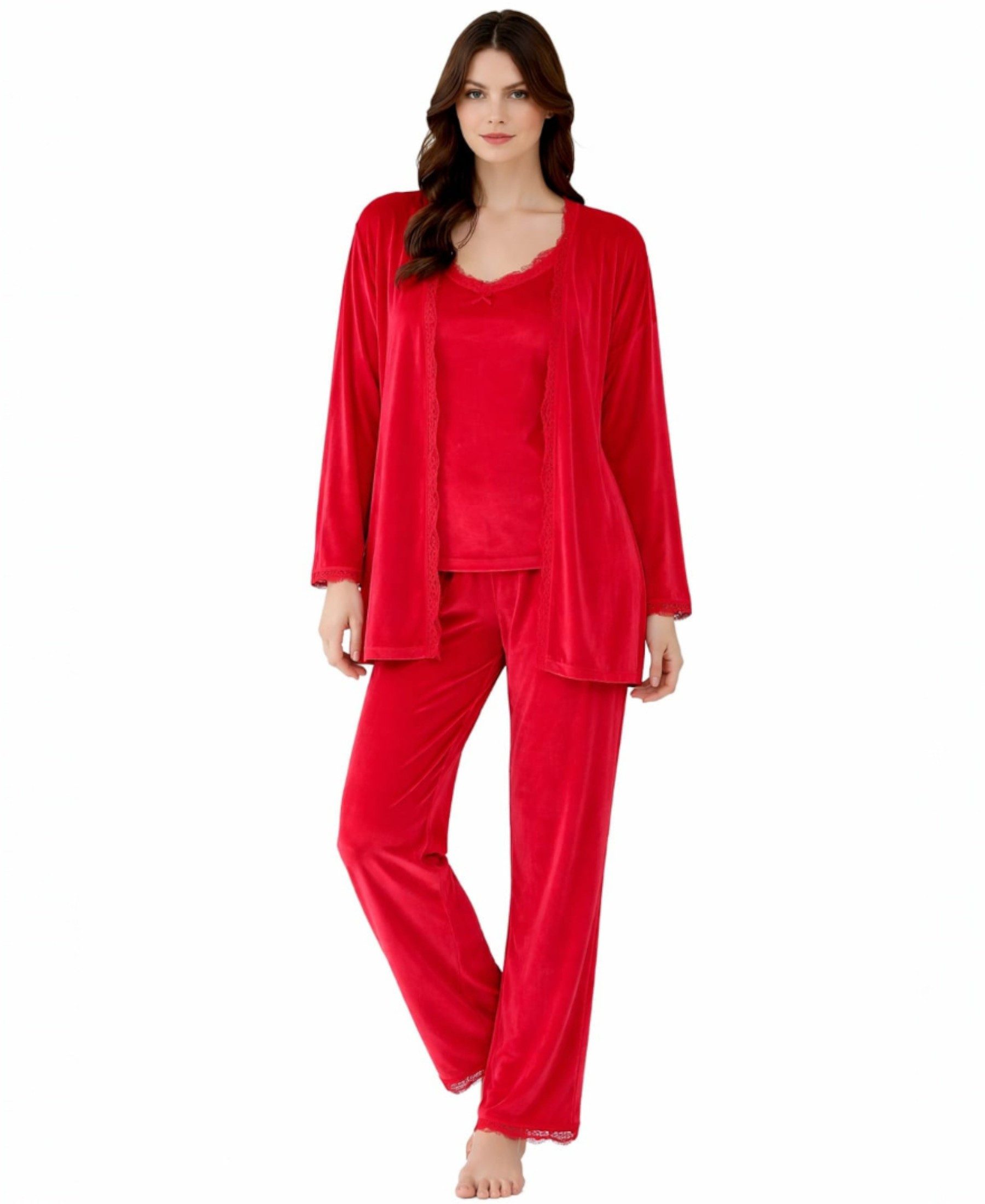 fashionshowcase Hausanzug 3 teiliger Pyjama Schlafanzug mit Morgenmantel 100% Samt