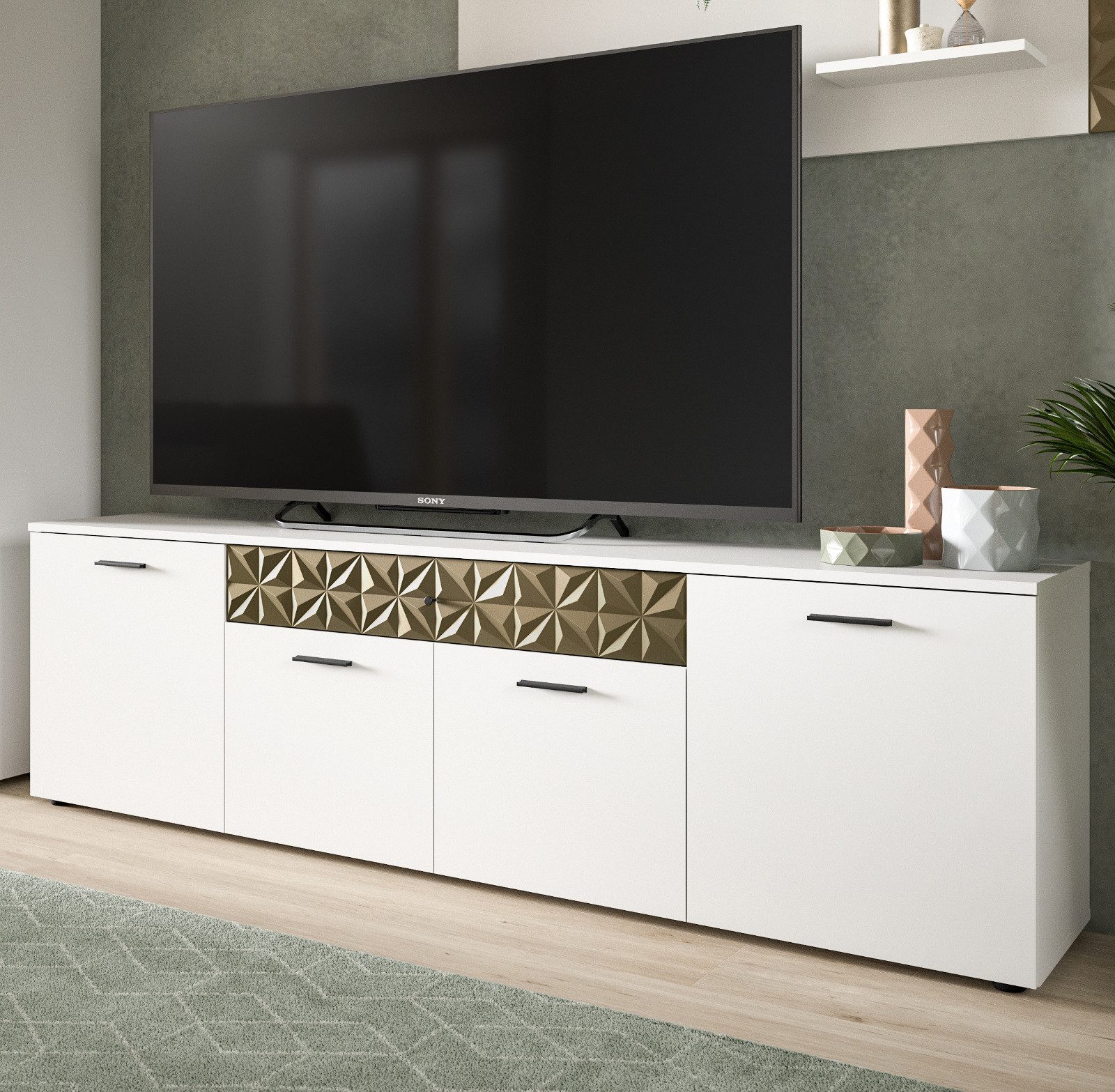 Inn.Furn Lowboard Relief (Flat-TV Unterschrank in Weiß mit Gold, 190 x 57 cm), 4-türig, Vollauszug-Schubkasten