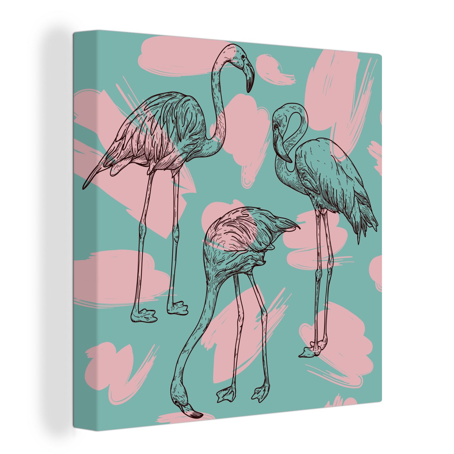 OneMillionCanvasses® Leinwandbild Eine Illustration von Flamingos vor einem blauen Hintergrund in, (1 St), Leinwand Bilder für Wohnzimmer Schlafzimmer