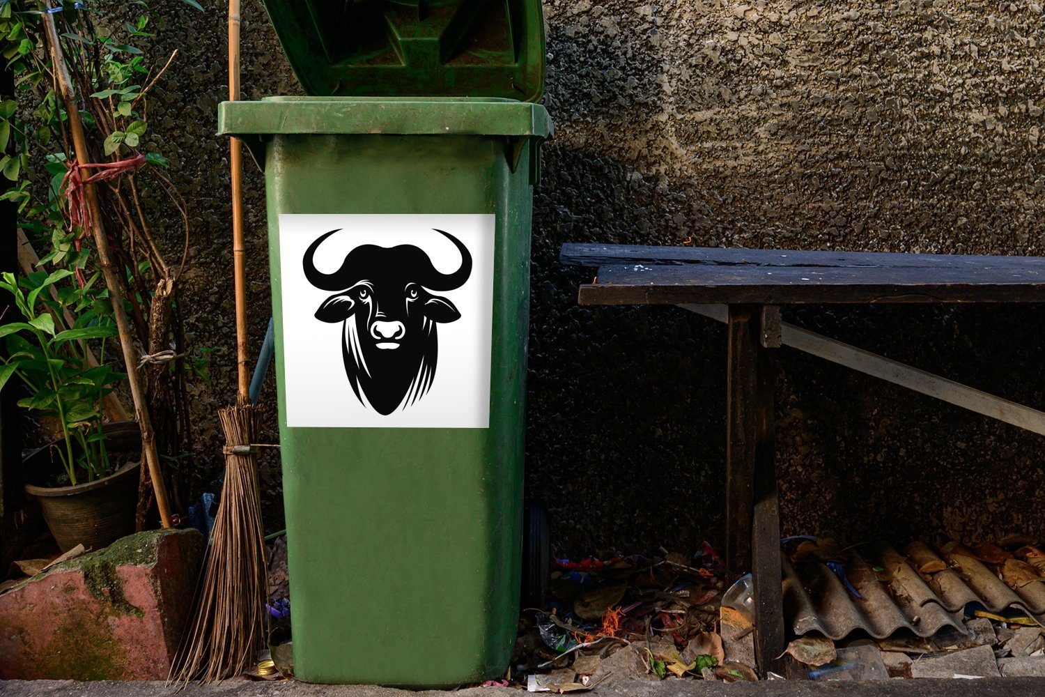 eines des Sticker, Container, (1 Schwarz-Weiß-Abbildung St), Kopfes Abfalbehälter MuchoWow Mülleimer-aufkleber, Mülltonne, Wandsticker Wasserbüffels