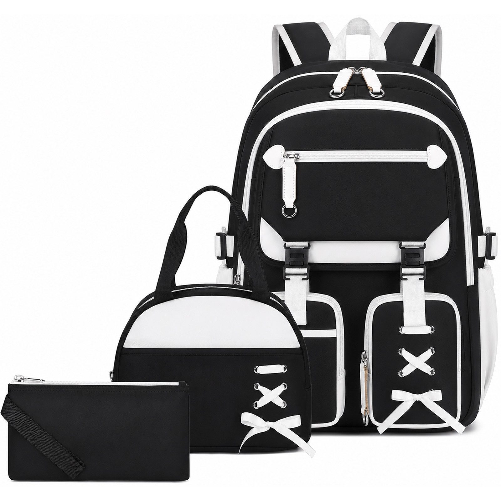 MOPUEA Schulrucksack Schulrucksack Mädchen Teenager Daypack 3. bis 7. Klasse Schule (Schulrucksack-Set mit Lunchbox Federmäppchen für Mädchen Teenager, 3-tlg., Mit Lunchbox Federmäppchen Großem Hauptfach Seitenfächern Rückenfach), Wasserabweisend Leicht E