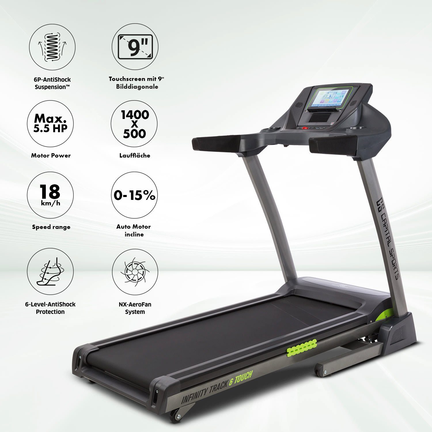 Laufbahn Treadmill Programme Capital Track 36 mit Infinity Sports klappbar Pulssensor 6.0, Bodenrollen Laufband
