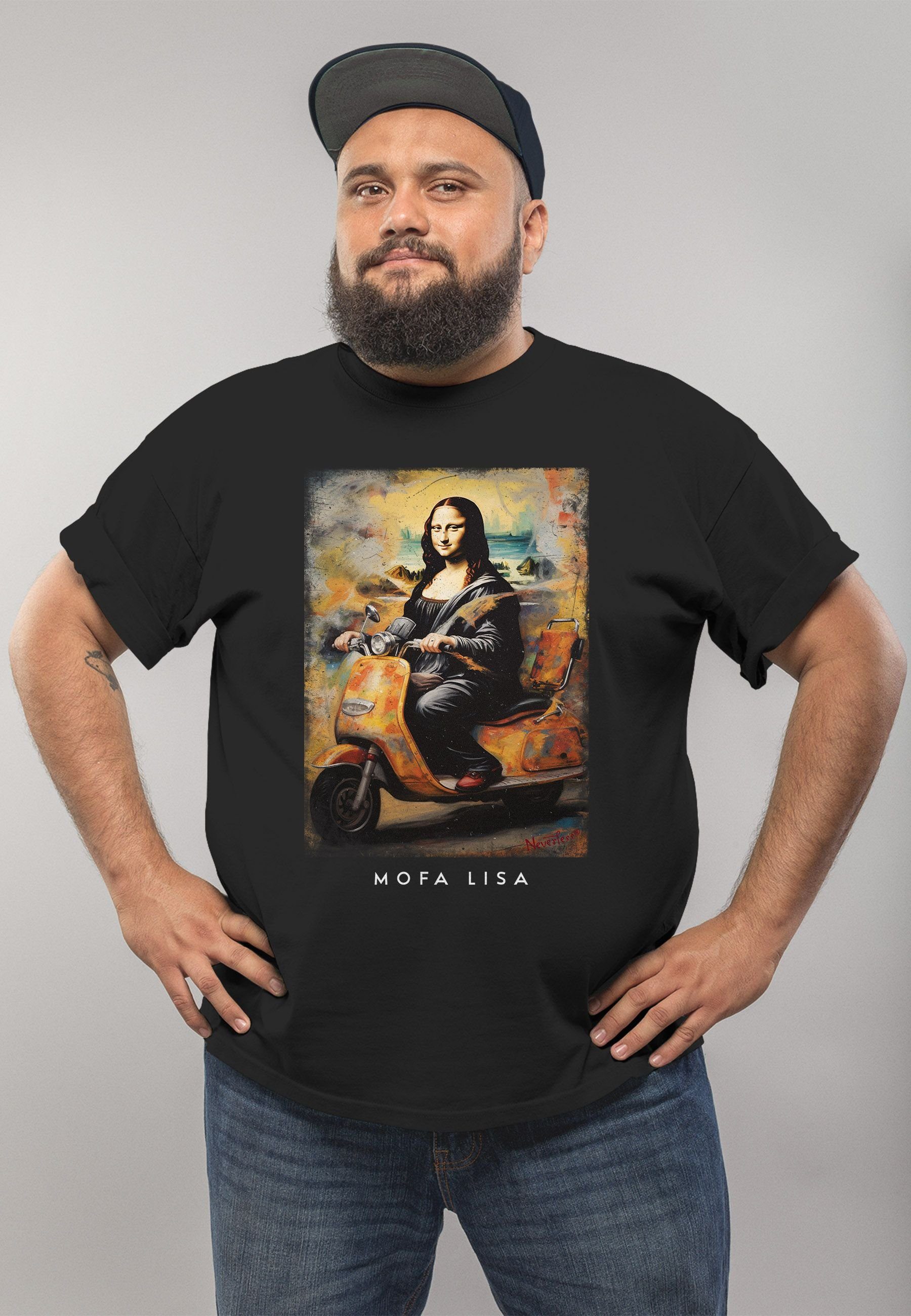 mit Print-Shirt T-Shirt Lisa Print MoonWorks Herren Print Kapuzen-Pullover Mona Aufdruck Parodie Meme schwarz Lisa Mofa