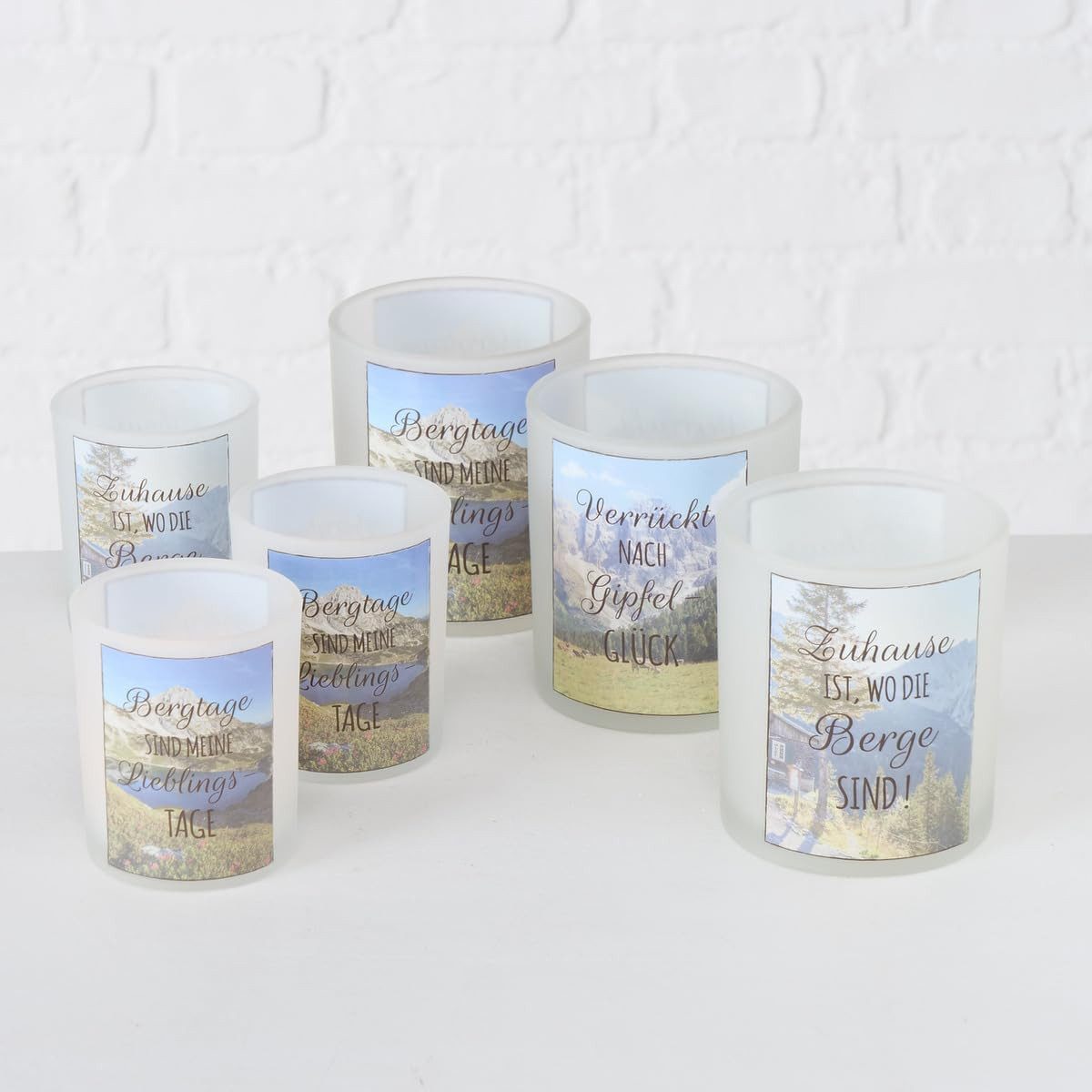 BOLTZE GRUPPE GmbH Windlicht 6er SET Windlicht Berge 10cm Sprüchen Kerzenlicht Teelichthalter Alpen