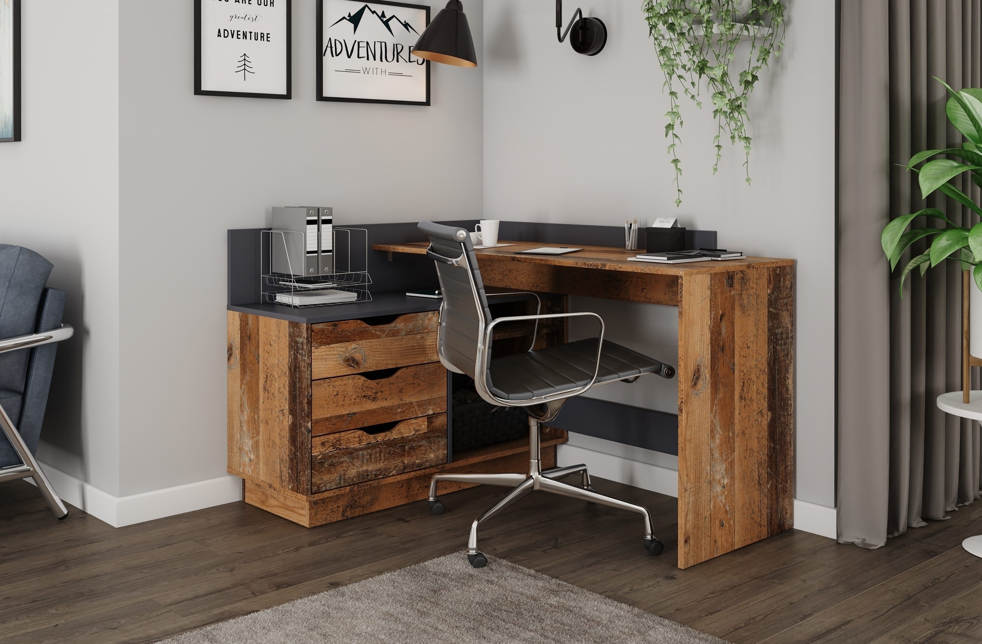 freiraum Schreibtisch BELFAST (B 129, H 83,5, T 105 cm), in Old-Wood/Anthrazit 129 x 83,5 x 105 cm (BxHxT)