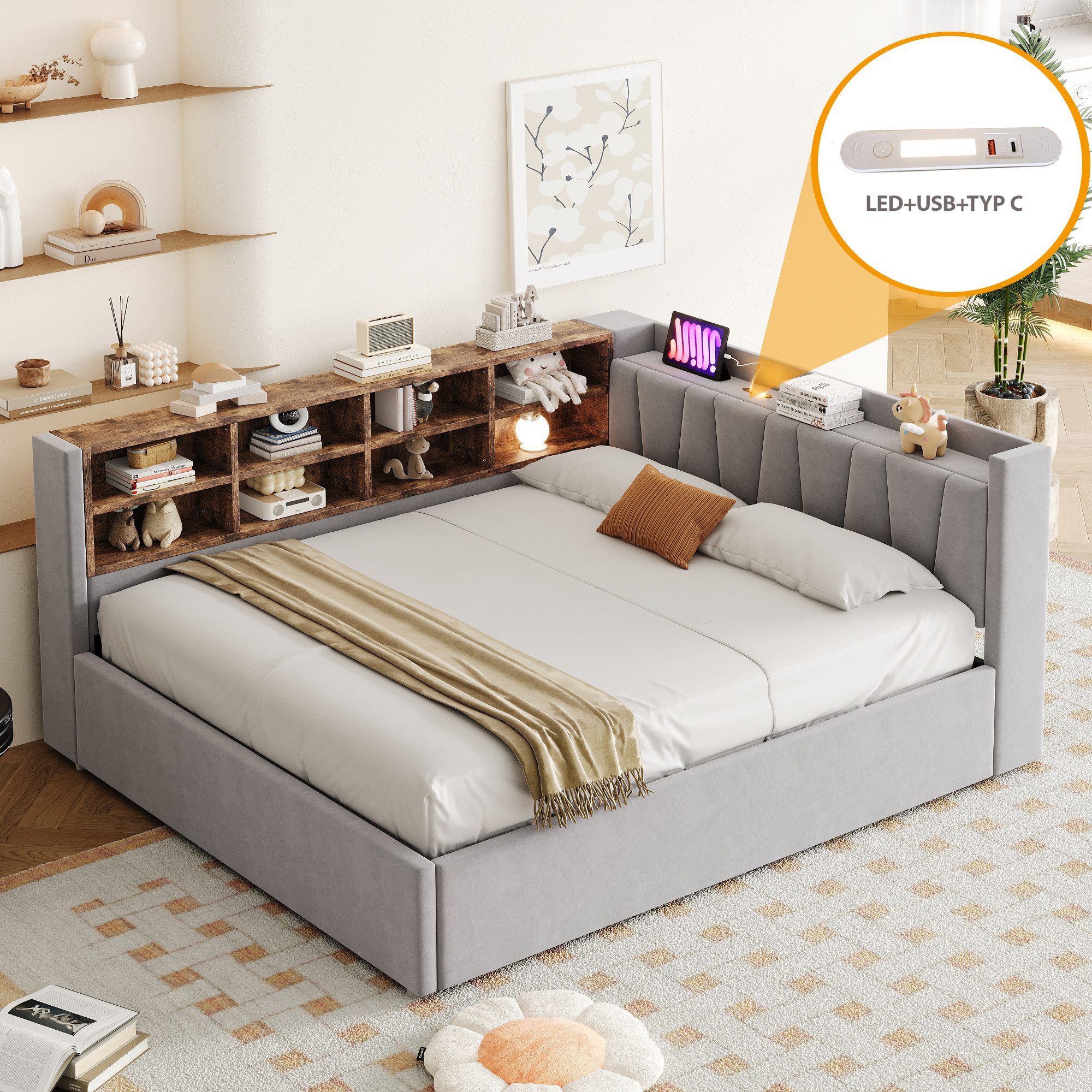 MODFU Schlafsofa Mit Hydraulischem Stauraum, Nachtlicht, USB & Typ-C Ladeanschlüssen, Samt,Polsterbett mit Ablagen und Staufächern, Multifunktionales Kinderbett 140x200 cm, ohne Matratze