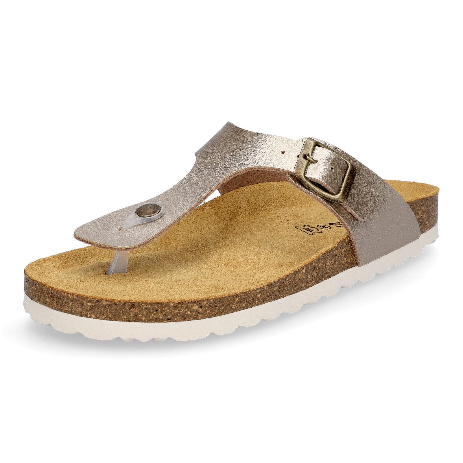 MIDS MIA Damen Pantolette gold, Zehentrenner mit Lederfußbett, Schnalle und Korksohle