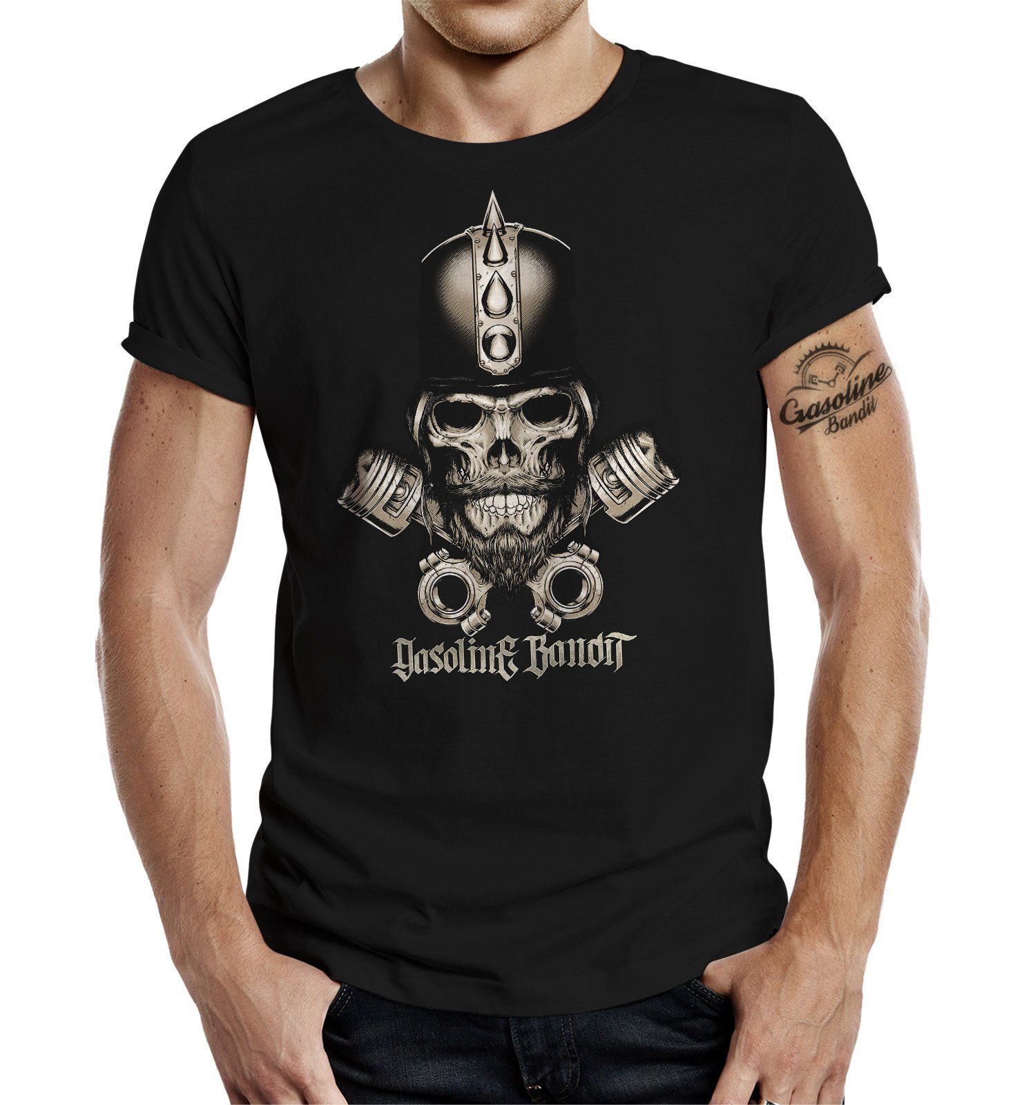 T-Shirt für Biker Skull GASOLINE Racer: BANDIT® Blackbeard Hot-Rod