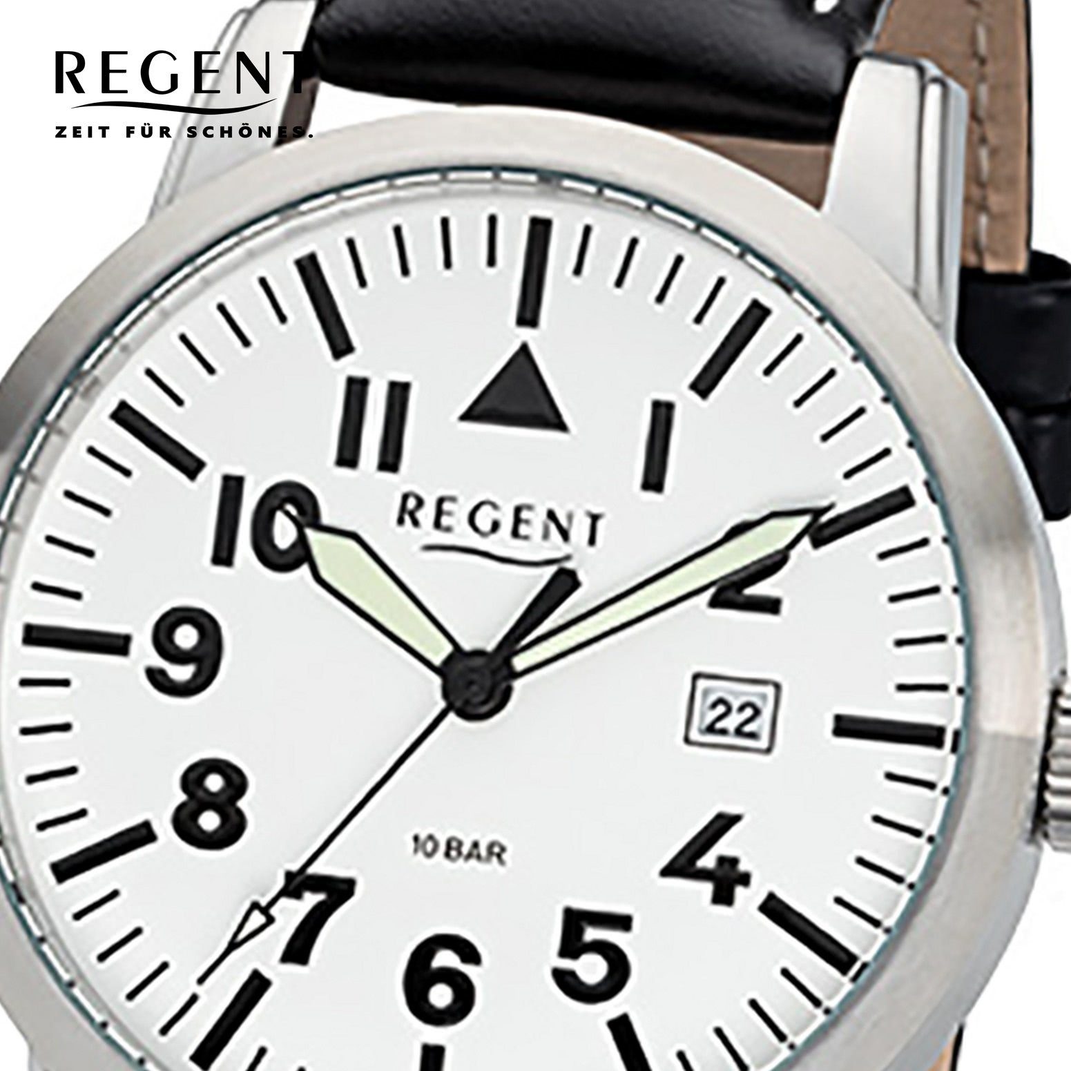 41mm), Analog, Quarzuhr Herren-Armbanduhr rund, Lederarmband, Leuchtzeiger Herren Regent groß (ca. schwarz Armbanduhr Regent