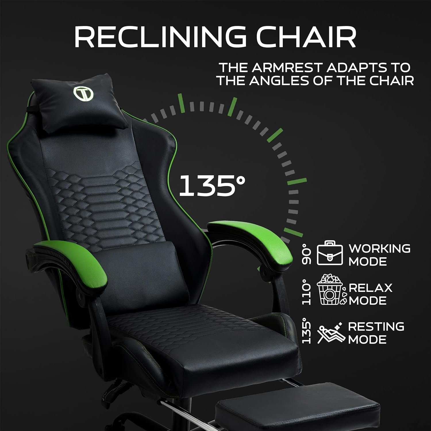 stuhl Atmungsaktiv (Lenden- Gaming Kopfstütze,Lenden Stuhl), Gaming-Stuhl 150kg Fußstütze. Armlehnen Höhe, TITANO Verstellbarer Memory-Foam-Kopfkissen, und Racing PC &