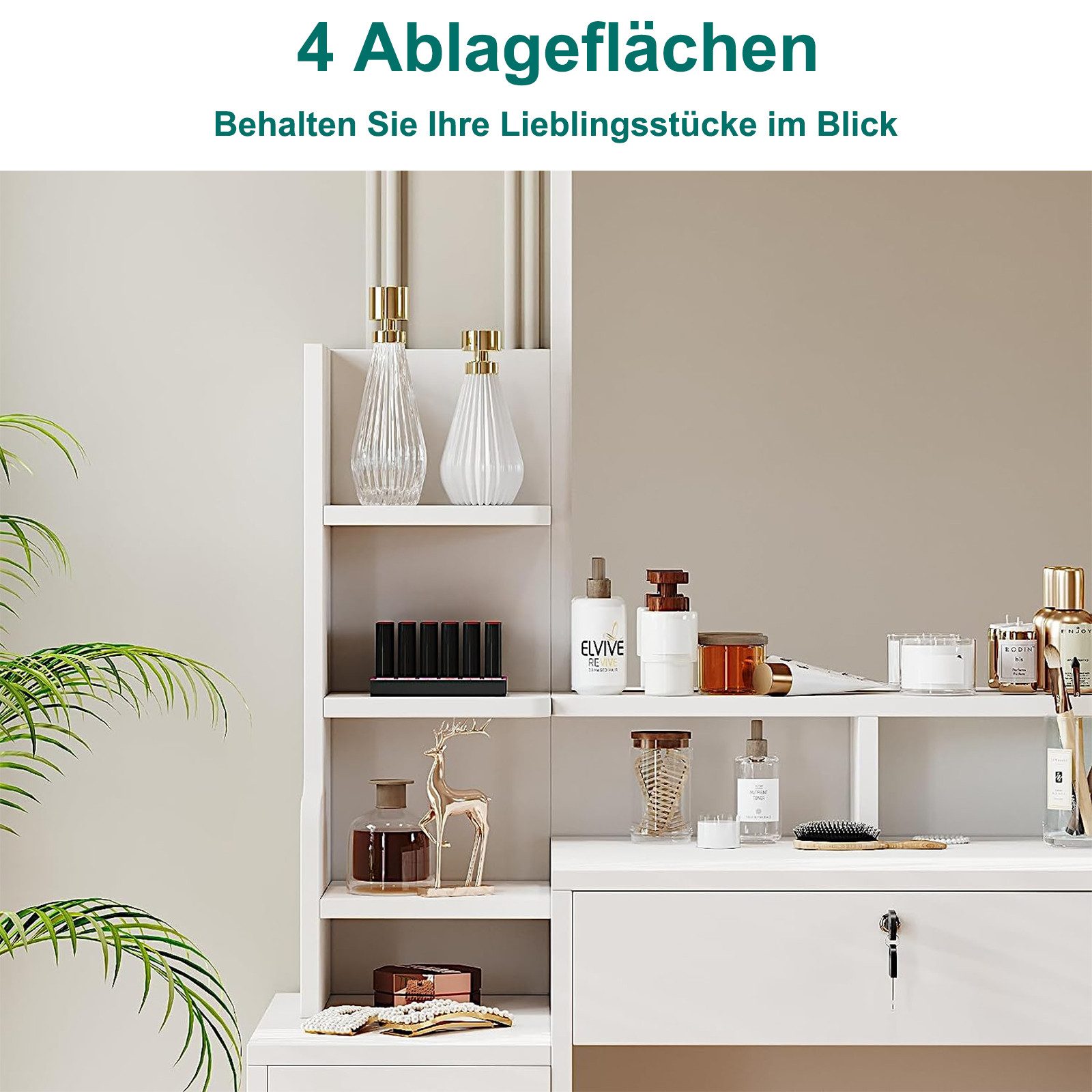 OUNUO Schminktisch Frisiertisch mit Spiegel Hocker und 4 Schubladen Kosmetiktisch – Bild 4 von 5
