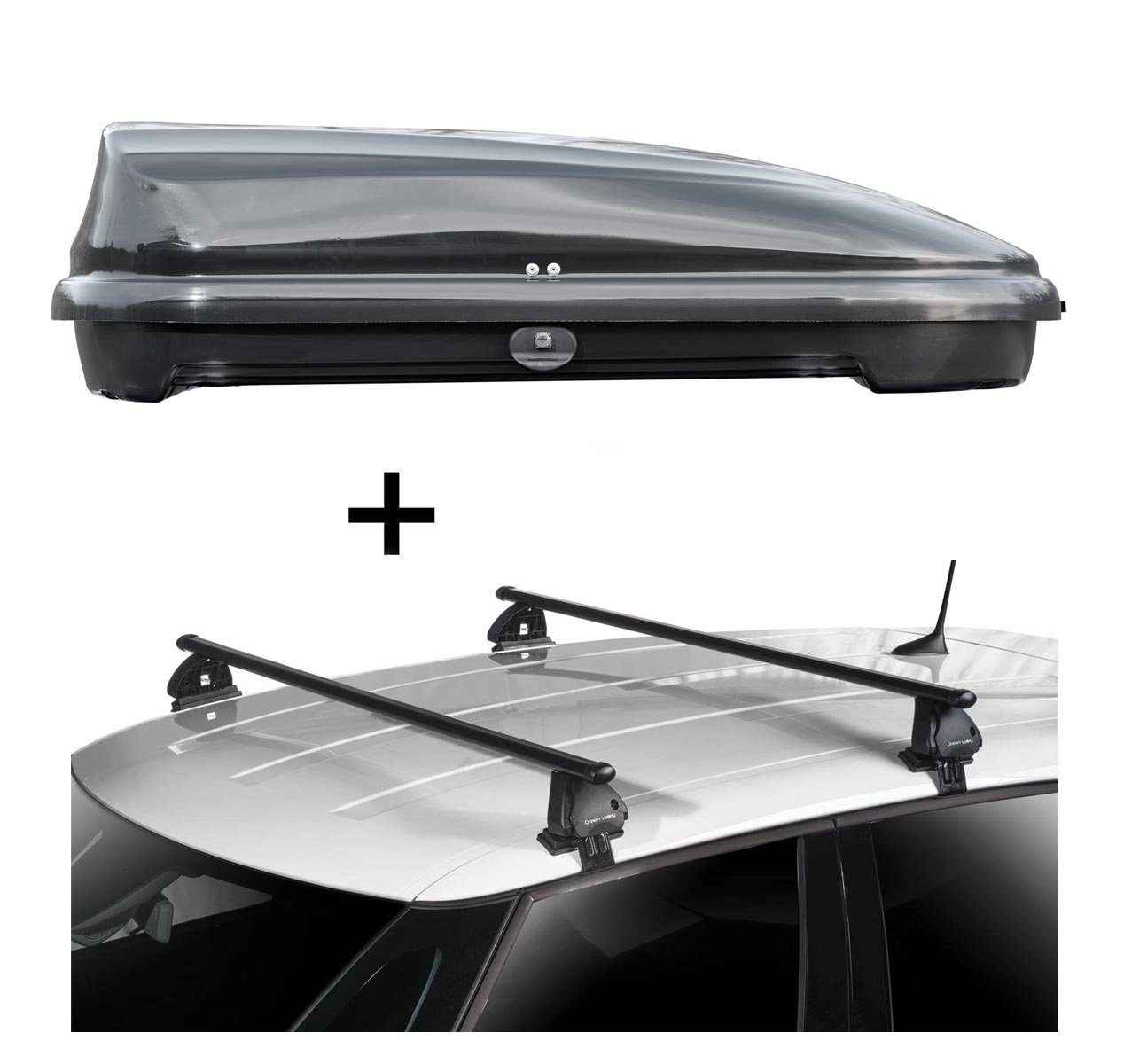 VDP Dachbox, Dachbox VDPFL320 320 Liter schwarz glänzend + Dachträger VDP EVO Stahl kompatibel mit Peugeot 508 4 Türer 2011-2018