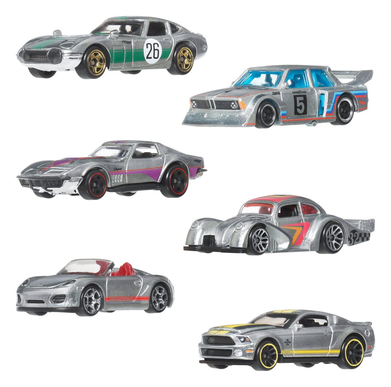 Mattel® Modellauto Hot Wheels Silver Series Die-Cast Fahrzeuge 6er-Pack 1/64 ZAMAC