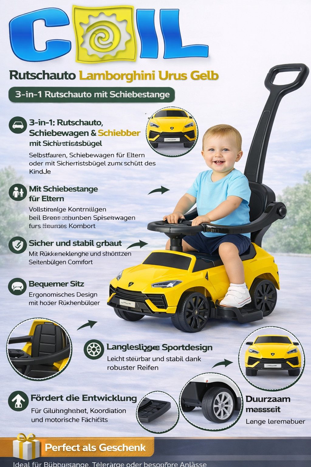 COIL Rutscherauto Babyrutscher, Kinderauto, Schiebeauto, 3in1, mit Druckgriff, interaktives Lenkrad, Musik- und Hupenknöpfe, ab 12 Monaten