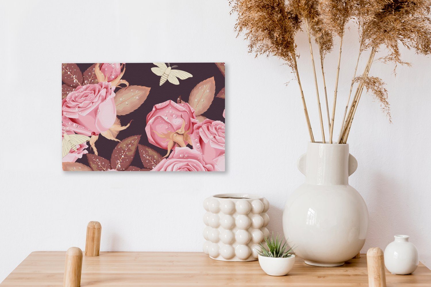 OneMillionCanvasses® Weiß, Wanddeko, Leinwandbild cm 30x20 - - (1 Rosa Schmetterlinge - Rosen Wandbild Leinwandbilder, Aufhängefertig, St),
