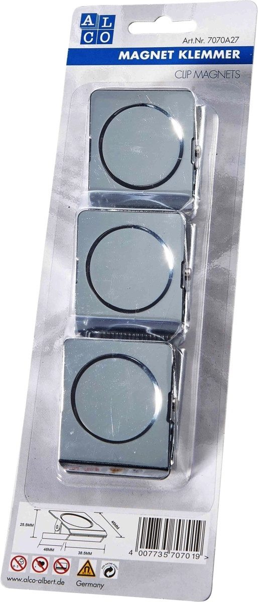 ALCO Magnet Magnetklemmer Metall 38x45mm TG ca. 15 Blatt DIN A4 silber VE=3 Stück.
