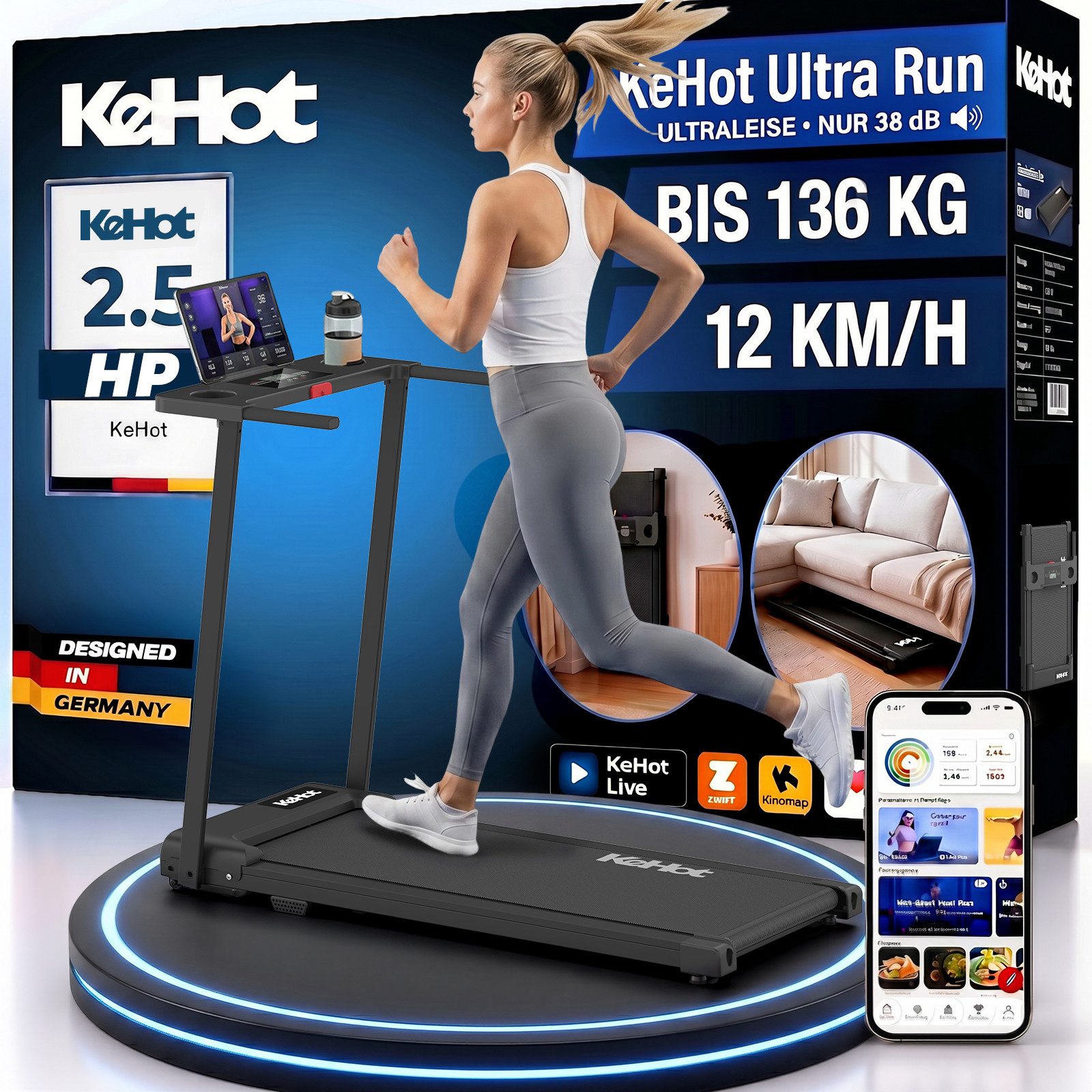 kehot Laufband Laufband klappbar bis 136 kg für Walking und Jogging (1–12 km/h mit Stoßdämpfung für gelenkschonendes Training, 2,5 PS Motor für Cardio- und Ausdauertraining zuhause), Platzsparendes Home-Gym Laufband mit Transportrollen
