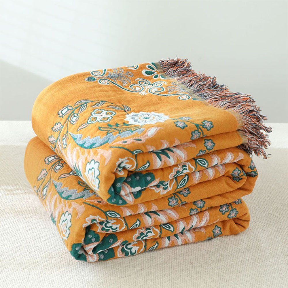 Doppelseitig Decke Sofaüberwurf Sofaschoner Muster 200*230cm FELIXLEO Baumwolle Blumen Gelb