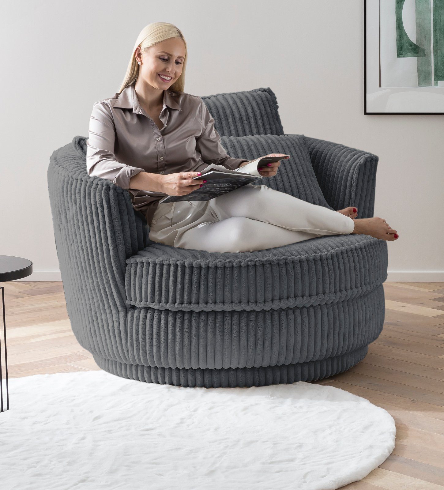 Furn.Design Loveseat Comfy (Love Seat in Mega Cord grau, 120 x 120 cm), 360° drehbar