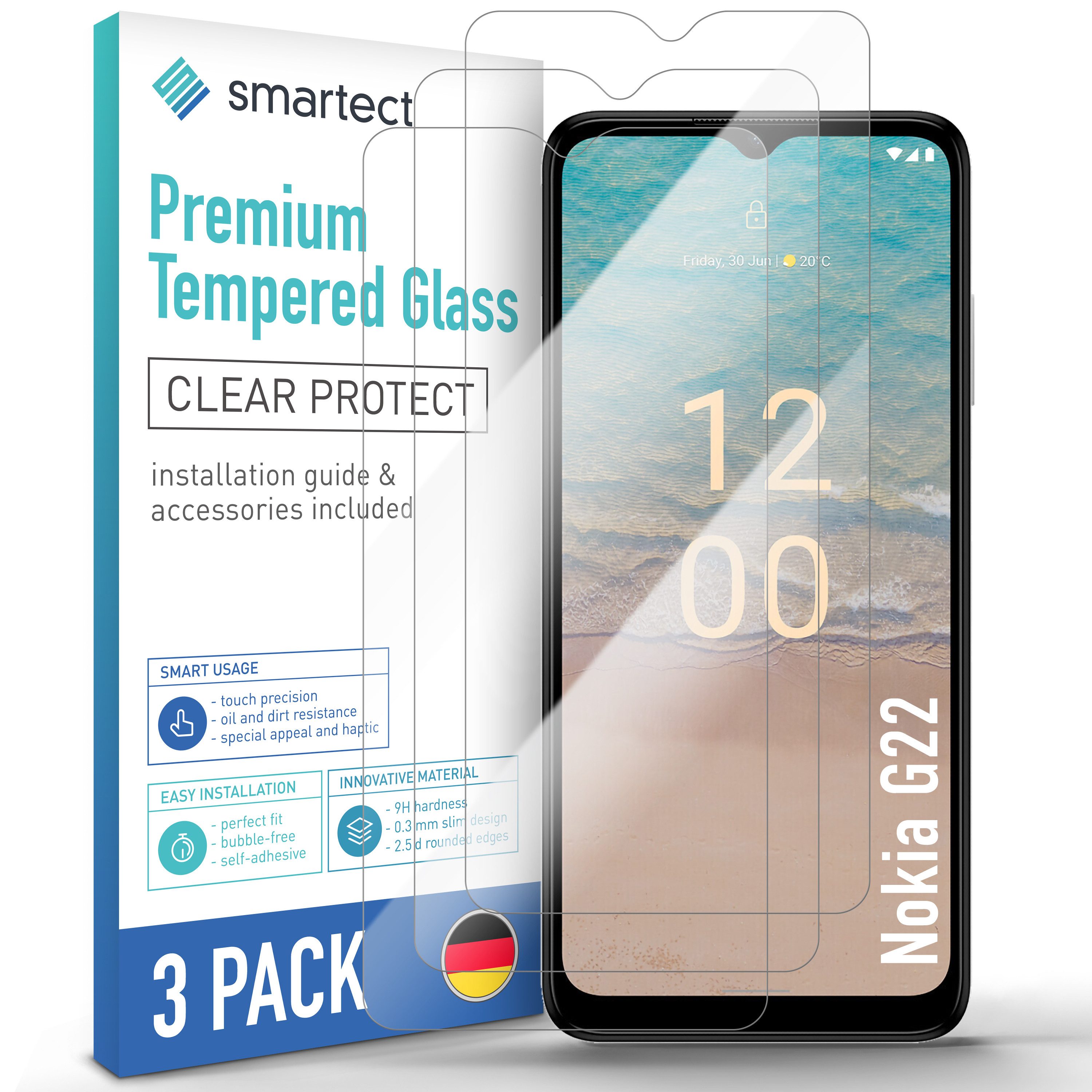 smartect Displayschutzglas 3X Schutzglas Panzerfolie Klar für Nokia G22 für Nokia G22, Set, 3 Stück, 0.3 mm Ultra-klar, 9H Härte, Kratzfest, Stoßfest, Blasenfrei, Oleophob