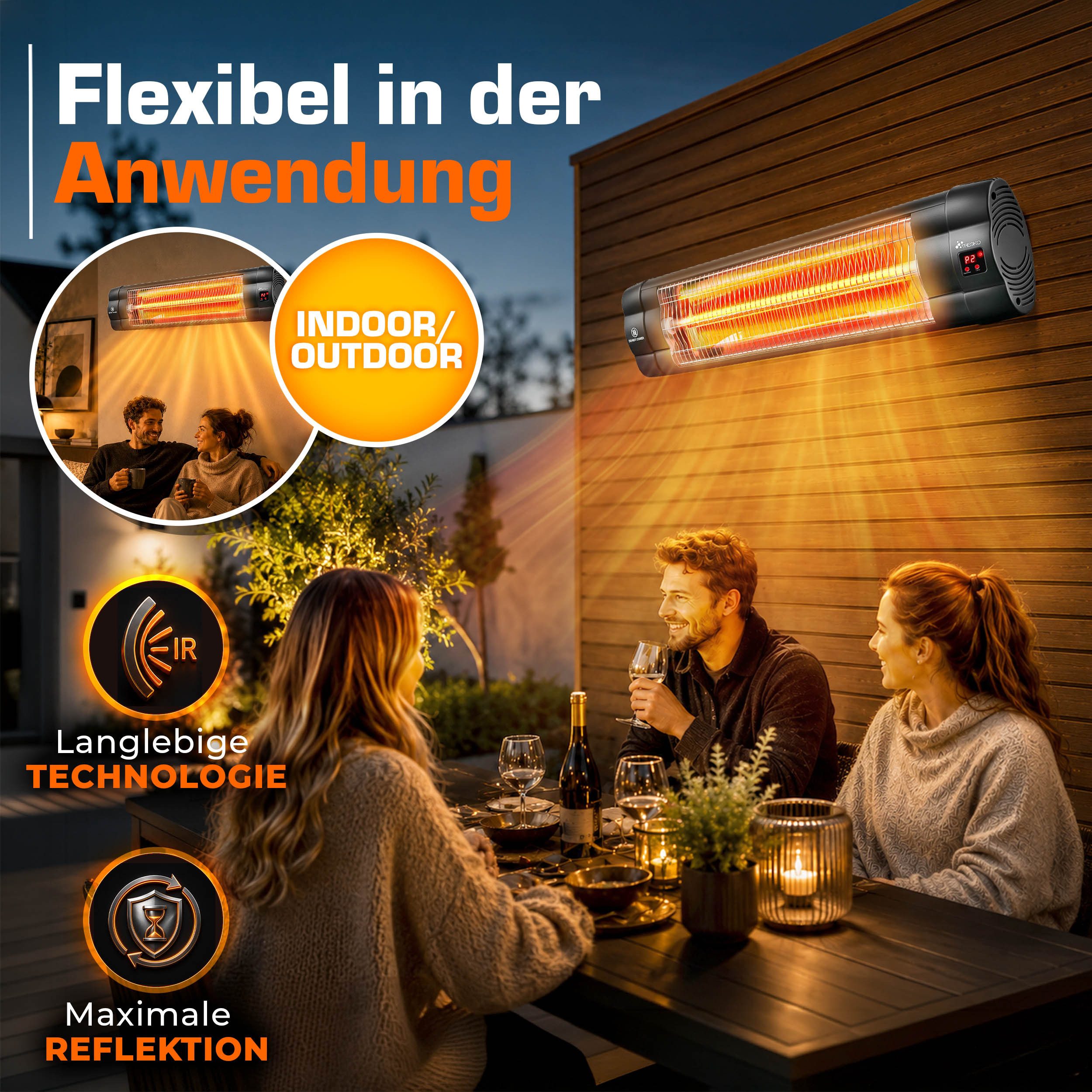 TRESKO Heizstrahler Infrarot Heizstrahler mit Fernbedienung, 3 Stufen & LED Anzeige, 2500 W, Wärmestrahler Wand Terrasse elektrisch Terrassenstrahler – Bild 4 von 5