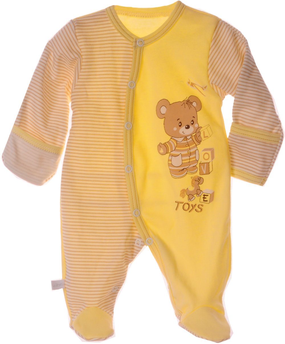 La Bortini Strampler Baby Overall Einteiler für Neugeborene in Gelb gestreift mit Bärchen mit praktischer Druckknopfleiste
