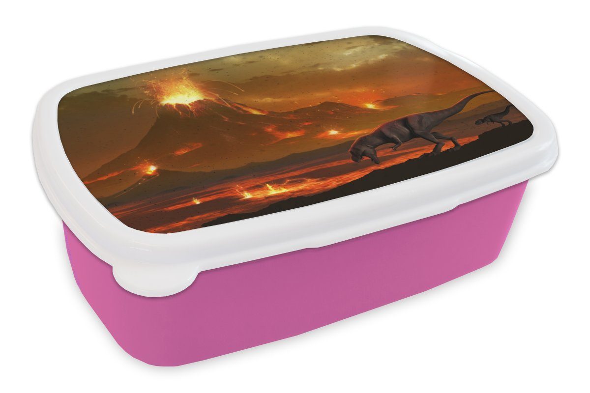MuchoWow Lunchbox Dino - Vulkan - Erwachsene, rosa Illustration - Snackbox, Kinder, Kunststoff, - Brotdose (2-tlg), für - Mädchen, Lava Brotbox Kunststoff Jungen Kinder