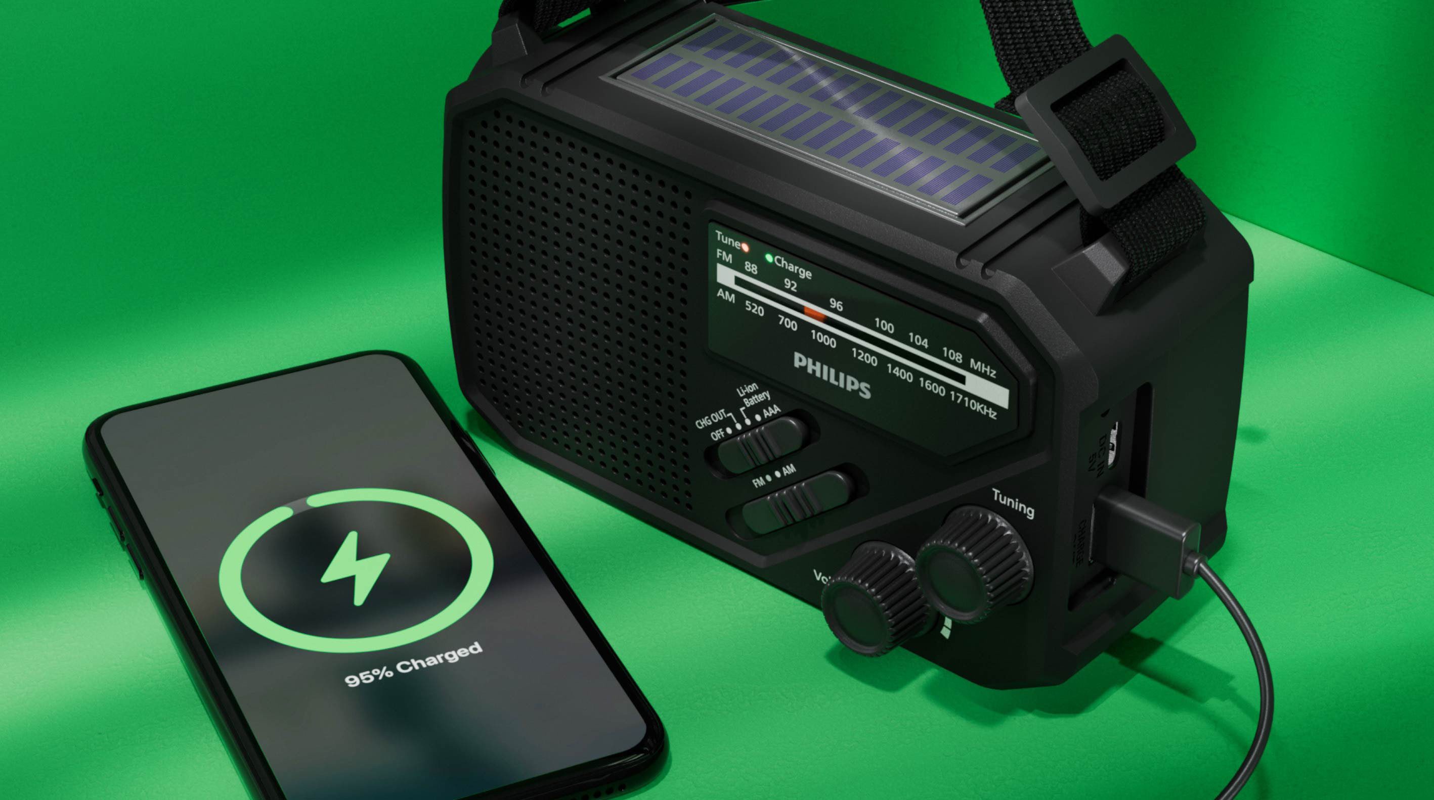 Philips TAR1609/00 Notfallradio (AM-Tuner, FM-Tuner, 1 W, Kurbelradio, LED-Leuchte, lauter SOS-Alarm + Blinkleuchte,USB-C, USB-A)