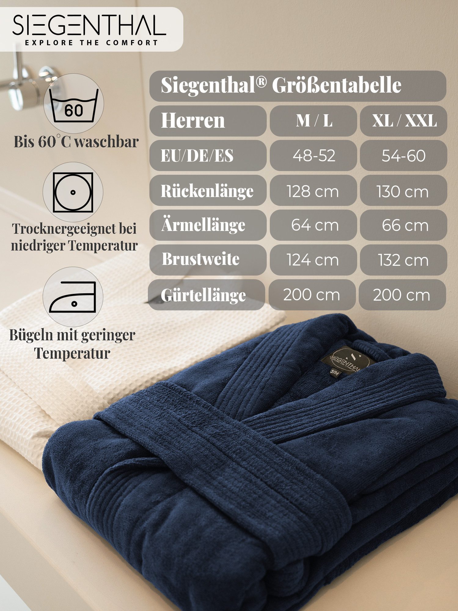 SIEGENTHAL Herrenbademantel Bademantel Herren Schalkragen Knielang, Schalkragen, Gürtel, Knielang, 100% Baumwolle, weich und elegant – Bild 3 von 5