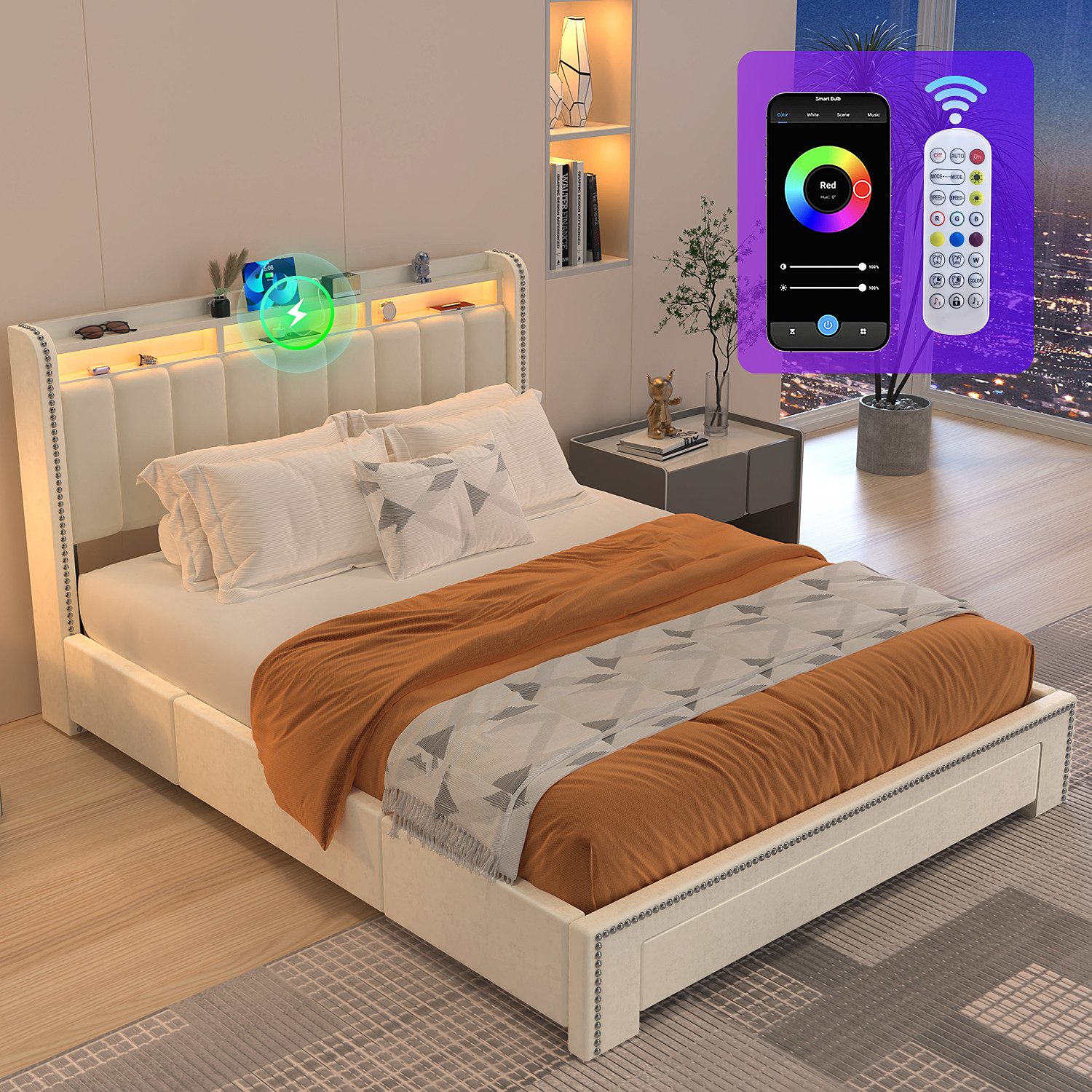 oyajia Polsterbett LED-Beleuchtung Doppelbett 90x200cm mit günstig online kaufen