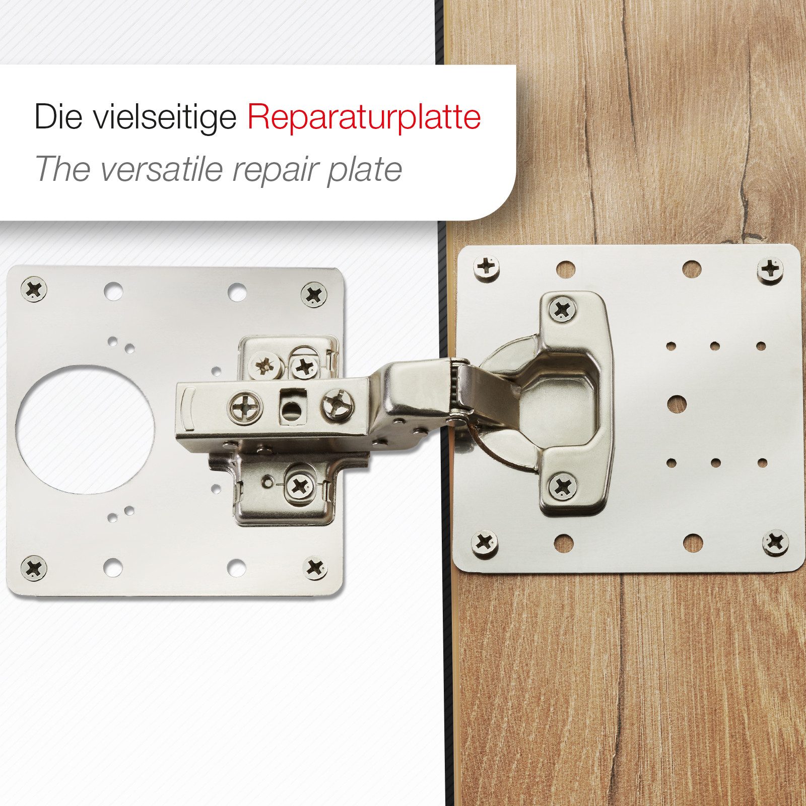 SO-TECH® Möbelbeschlag Topfband Reparaturplatten Edelstahl 90 x 90 x 0,53 mm (4 St), Reparaturset für Topfbänder mit Ø35 mm, Schrankscharnier Top – Bild 2 von 5