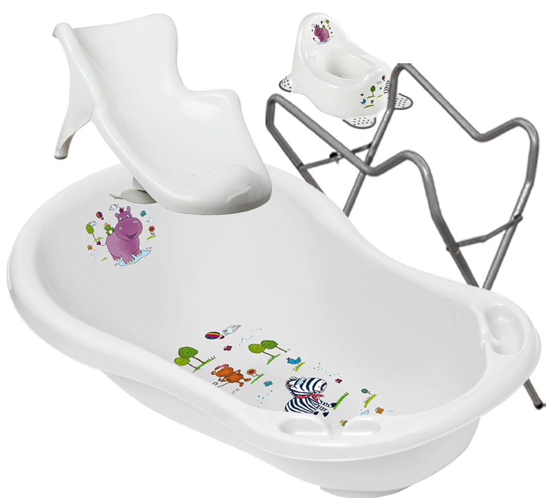 Top-Innovativ Babybadewanne 3 Teile SET – HIPPO Weiss + Gestell Grau - Babybadeset Wanne 84 cm, (Made in Europe Premium-Set), **Wanne + Sitz +Topf + Ständer**