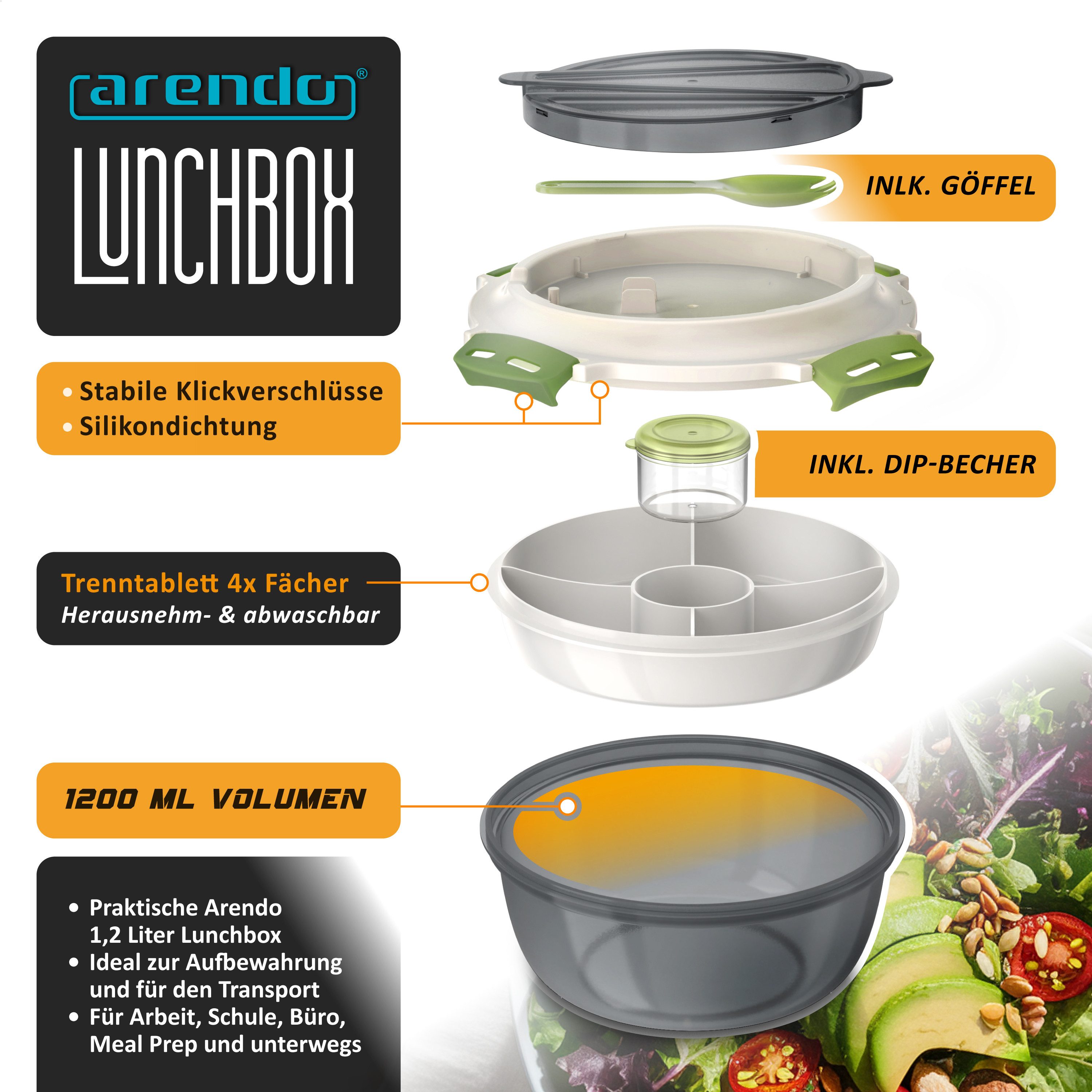 Arendo Lunchbox Meal Prep Box 1,2l, rund, luftdicht, Brotdose mit Trenntablett & Spork, Kunststoff, (1-tlg., 2 Trennstege, 2 Silikondichtungen), auslaufsicher, Silikondichtung, Saucenbox, spülmaschinengeeignet