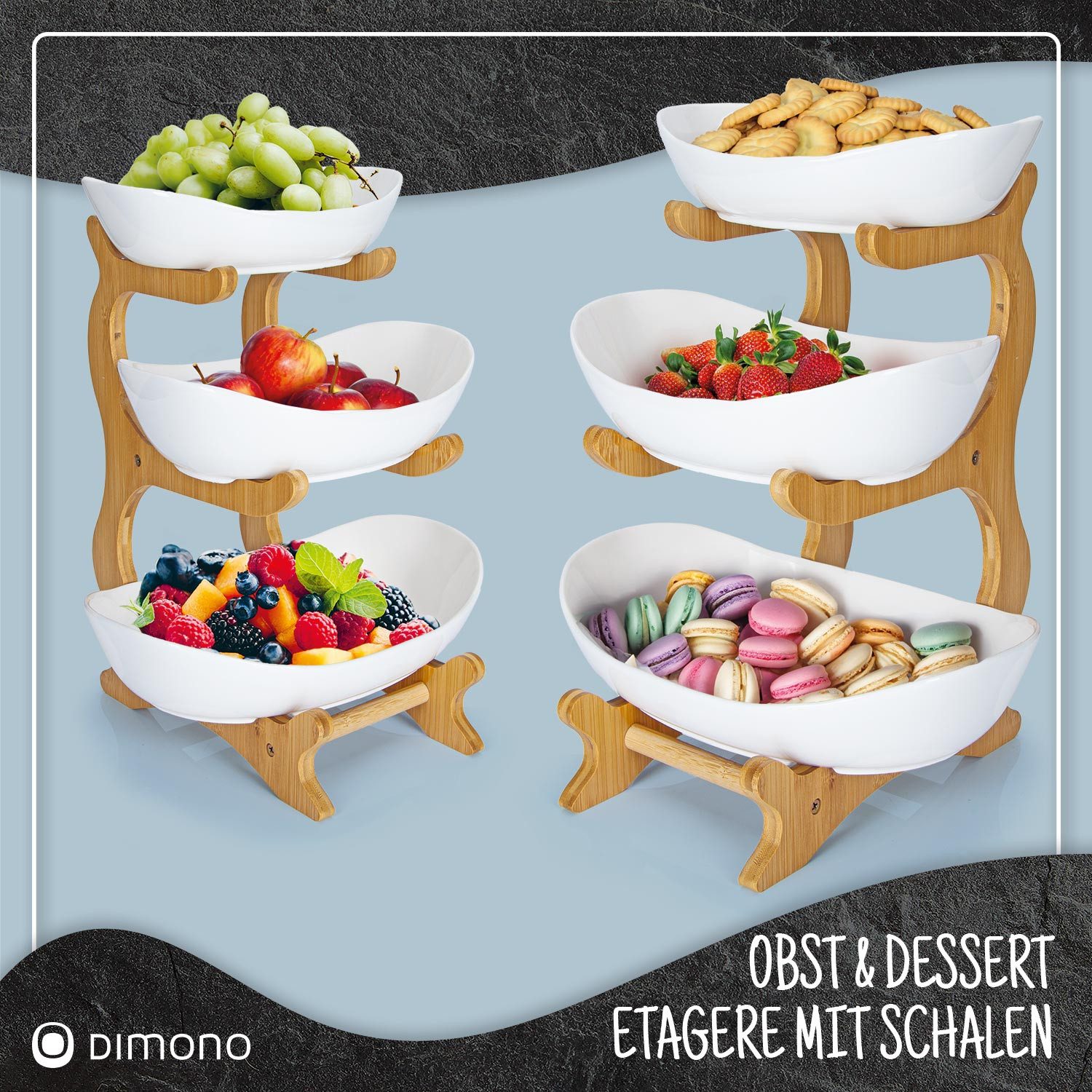 Dimono Etagere Dimono Deluxe 3-stöckige Etagere – Servierständer aus Natur-Schiefer, Keramik, (3-Etagen Servierschalen, Obst- & Gemüseschale), Servierschalen für Desserts, Obst, Gemüse, Süßes uvm.