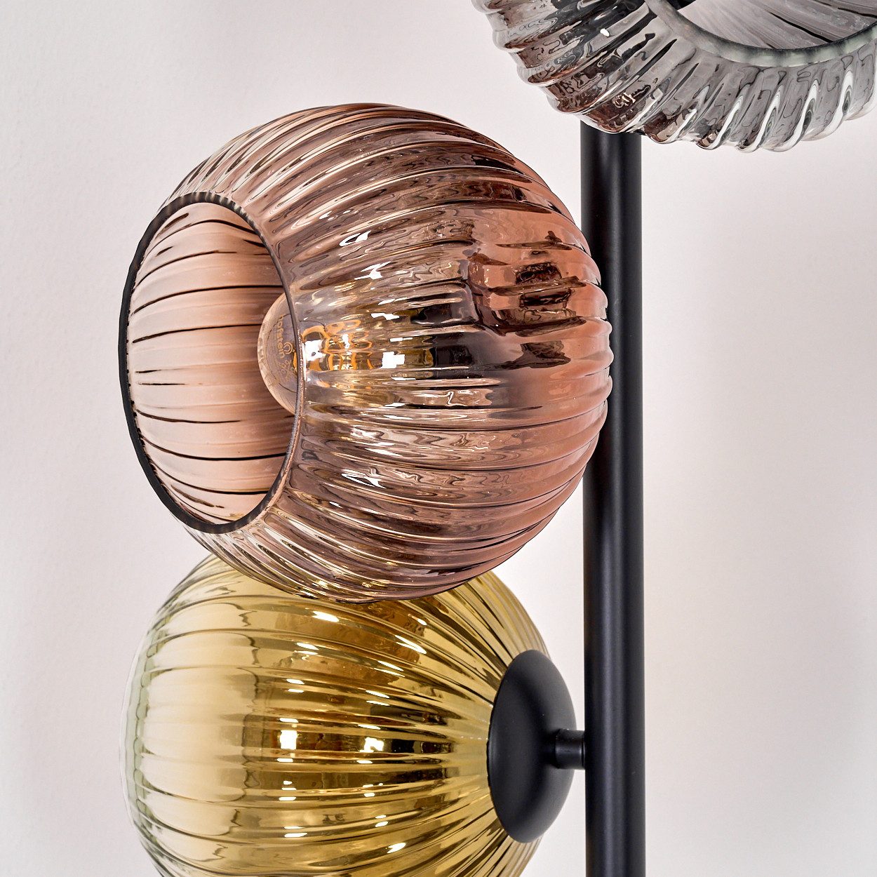 hofstein Stehlampe Stehlampe aus Metall/Riffelglas in Schwarz/Gold/Kupfer/Rauch/Klar, ohne Leuchtmittel, Stehleuchte Retro/Vintage, Ø Schirme 15 cm, Fußschalter, 160 cm, E14
