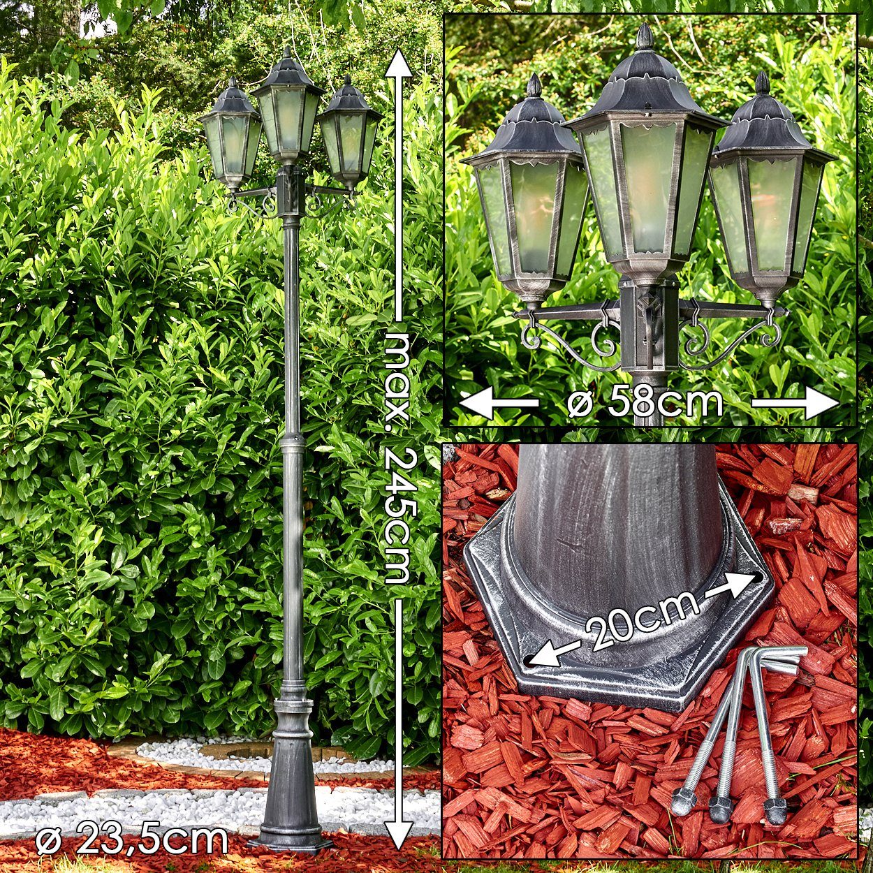 hofstein Außen-Stehlampe »Ganna« Außenleuchte Frost, Kandelaber in antikem Look, ohne Leuchtmittel, Aluguss Schwarz/Silber Milchglas-Scheiben, verstellbar, E27, IP44