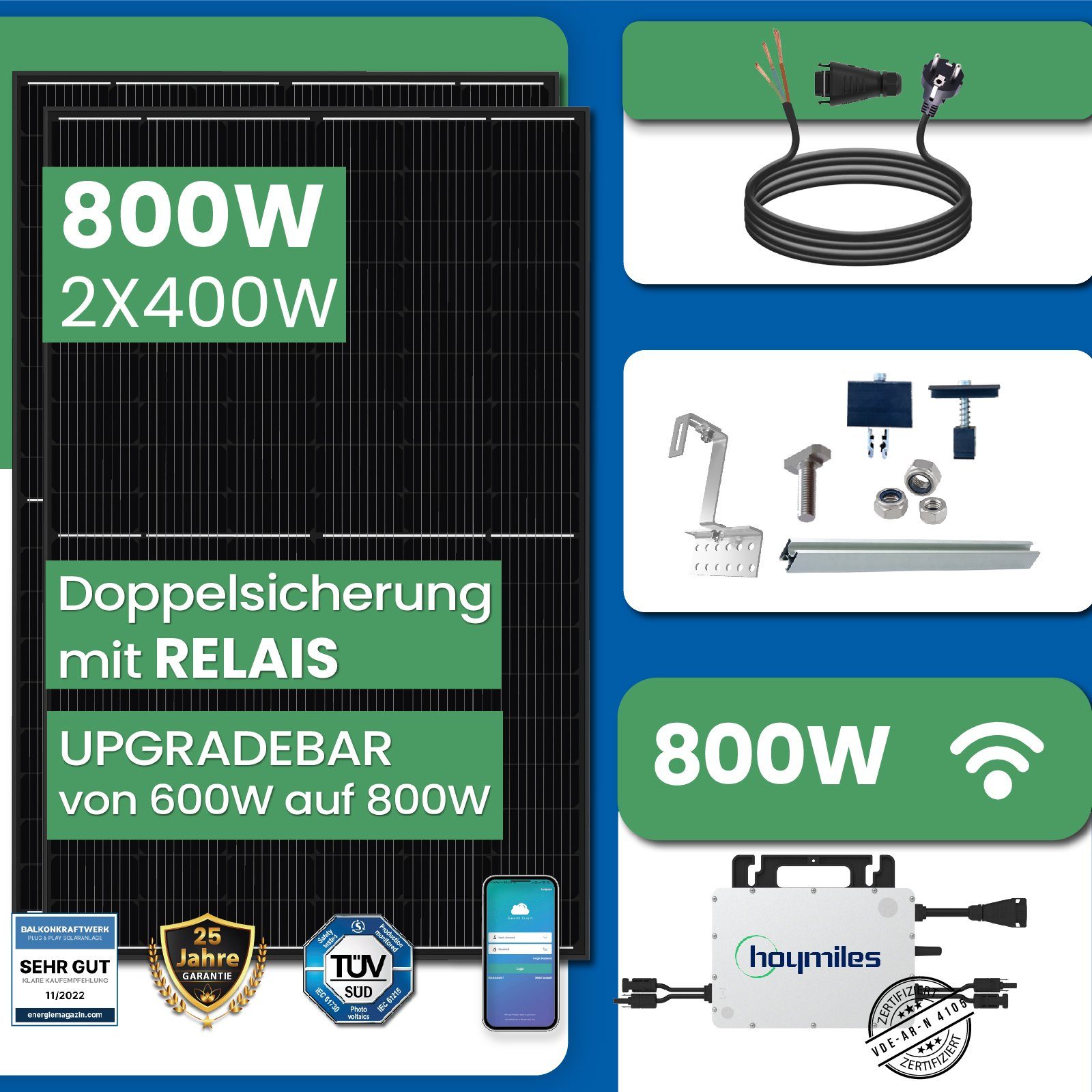 EPP.Solar Solaranlage 800W Balkonkraftwerk Komplettset PVMontage Ziegeldach, Mit Hoymiles HMS