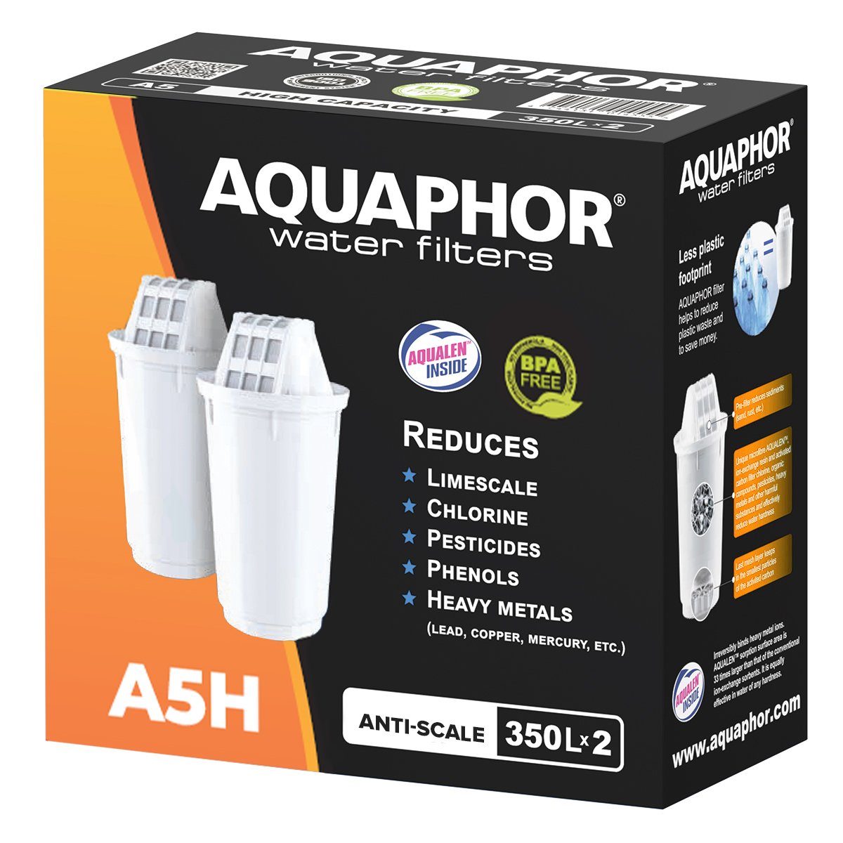 AQUAPHOR Kalk- und Wasserfilter Pack 2 A5H für hartes Wasser, Filterkartuschen, Bis zu 350 l. Kap., Zubehör für, Tischwasserfilter Provence, Smile, Prestige, AQUALEN Technologie