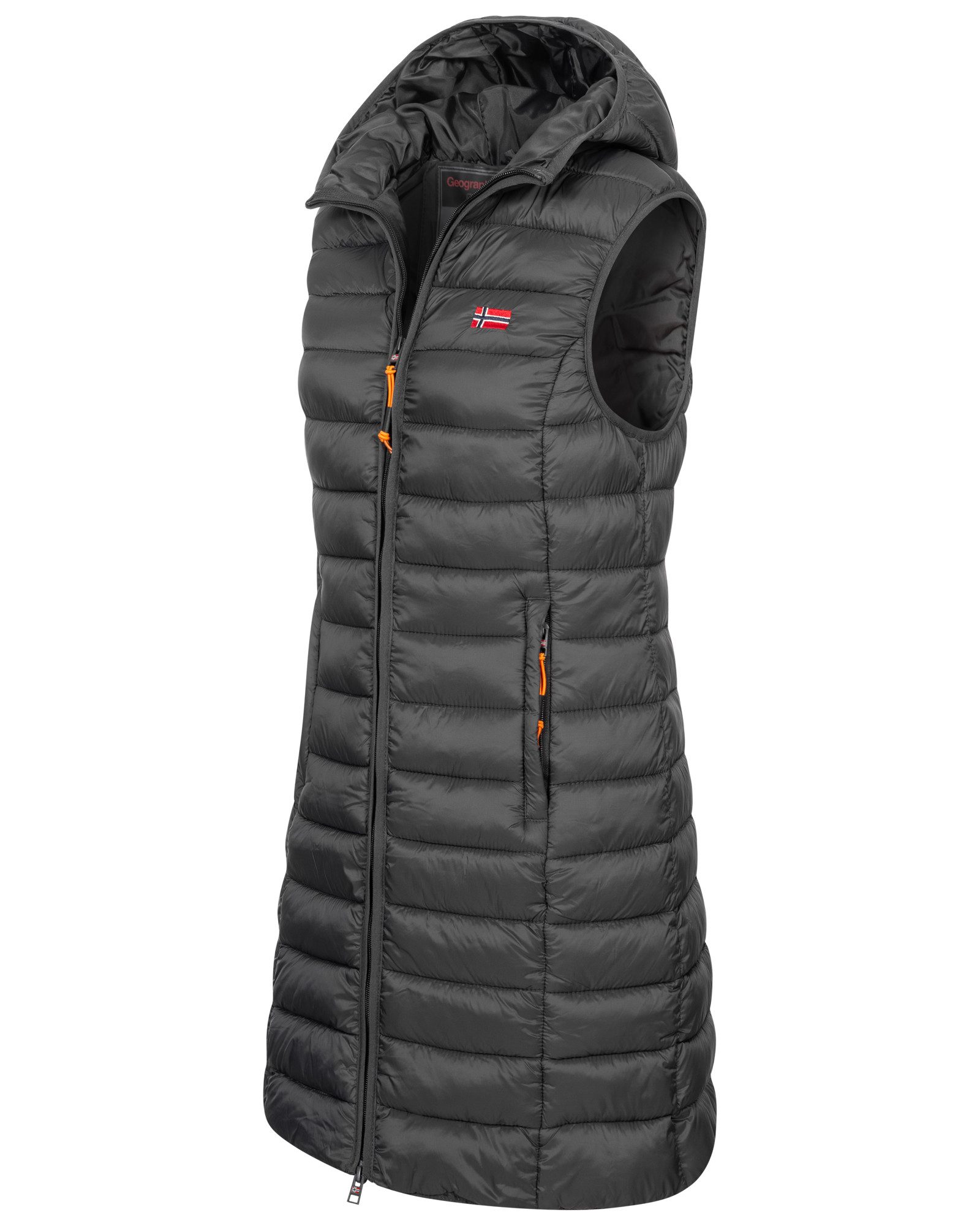 Geographical Norway Steppweste Damen Steppweste Kapuze Übergangs Herbst Windbreaker Lang Weste