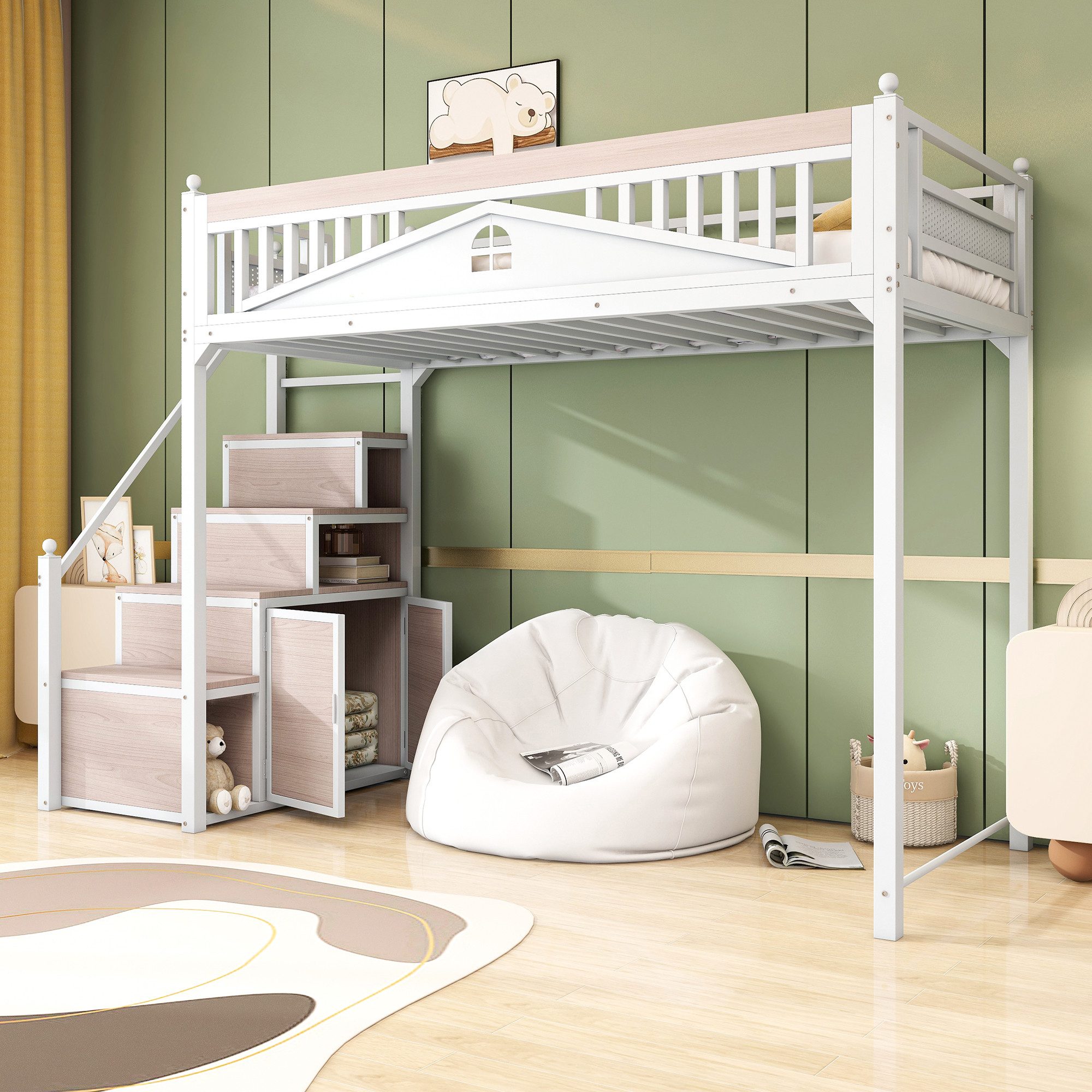 OKWISH Hochbett Einzelbett,Jugendbett,Hochbett (Metall-Hochbett mit Staurau günstig online kaufen