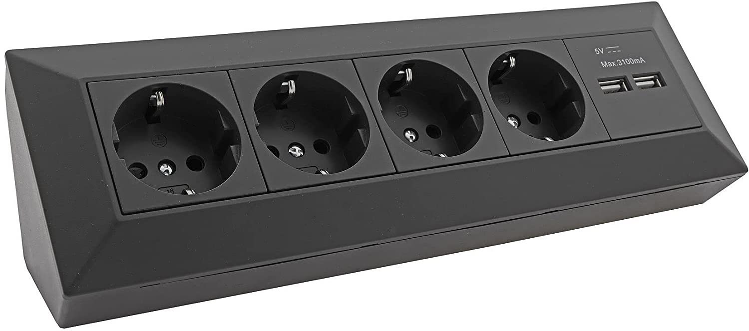 4-fach Steckdosenblock + 2x USB, schwarz Mehrfachsteckdose