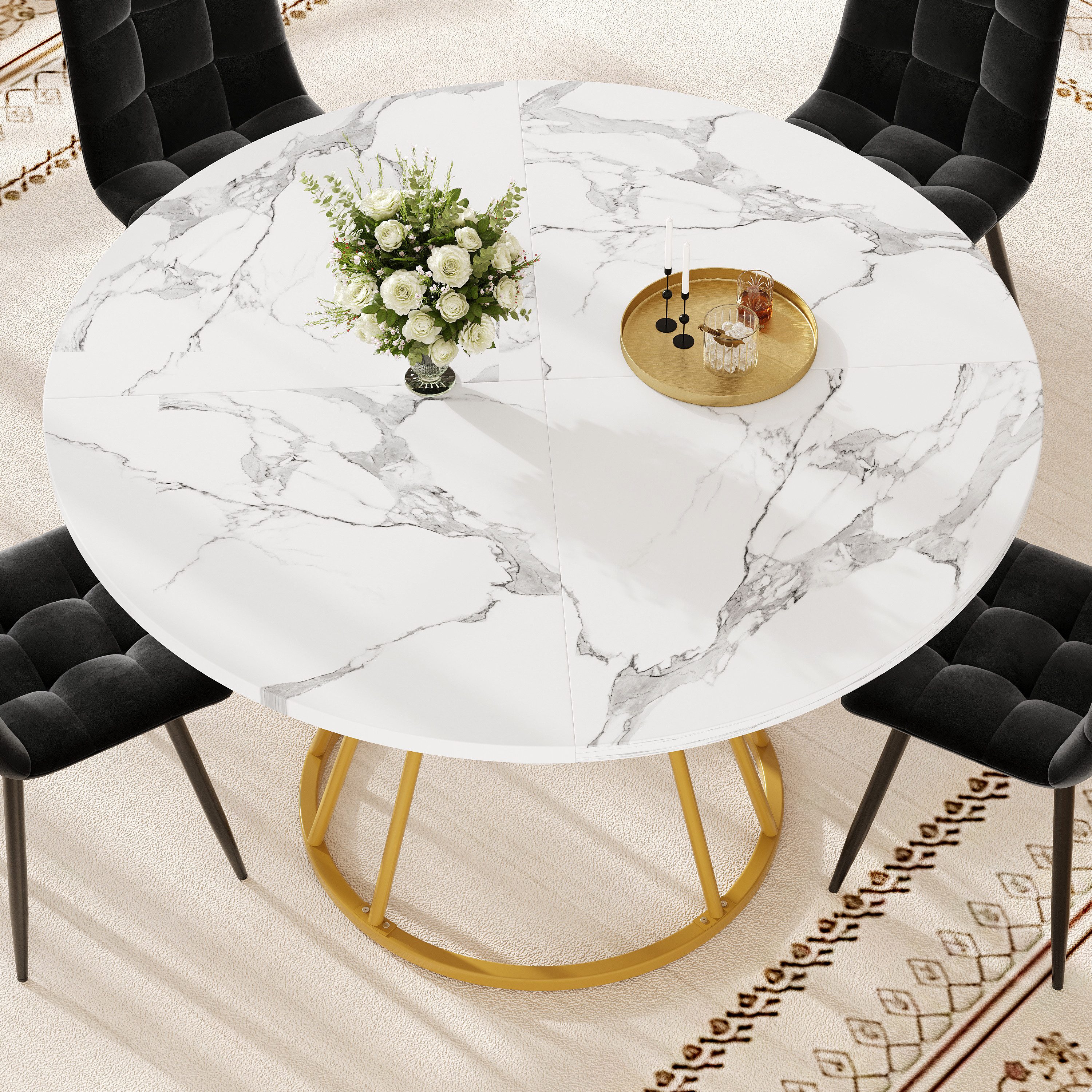 Flieks Esstisch runder Tisch mit Ablagen Marmoroptik (100x76 cm, 1-St., 1 Tisch), Küchentisch mit Stauraum, Metallbeine mit verstellbaren Fußstützen
