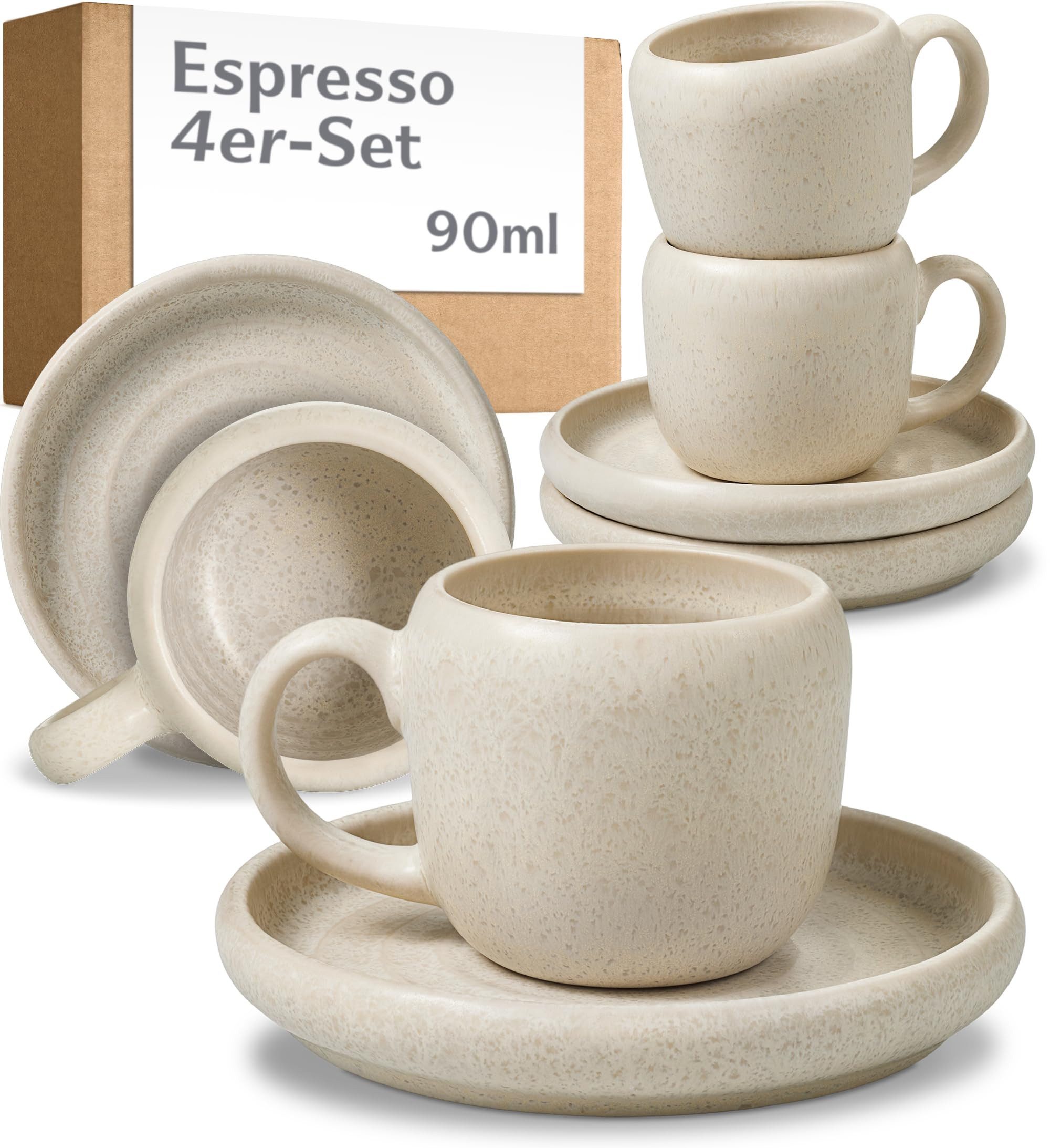 Cosumy Espressotasse 4er Espressotassen Set mit Untertassen Weiß – 90 ml Keramik Espresso, 4-tlg., Steingut, Handglasiert, Spülmaschinenfest & Mikrowellengeeignet, 4er Set