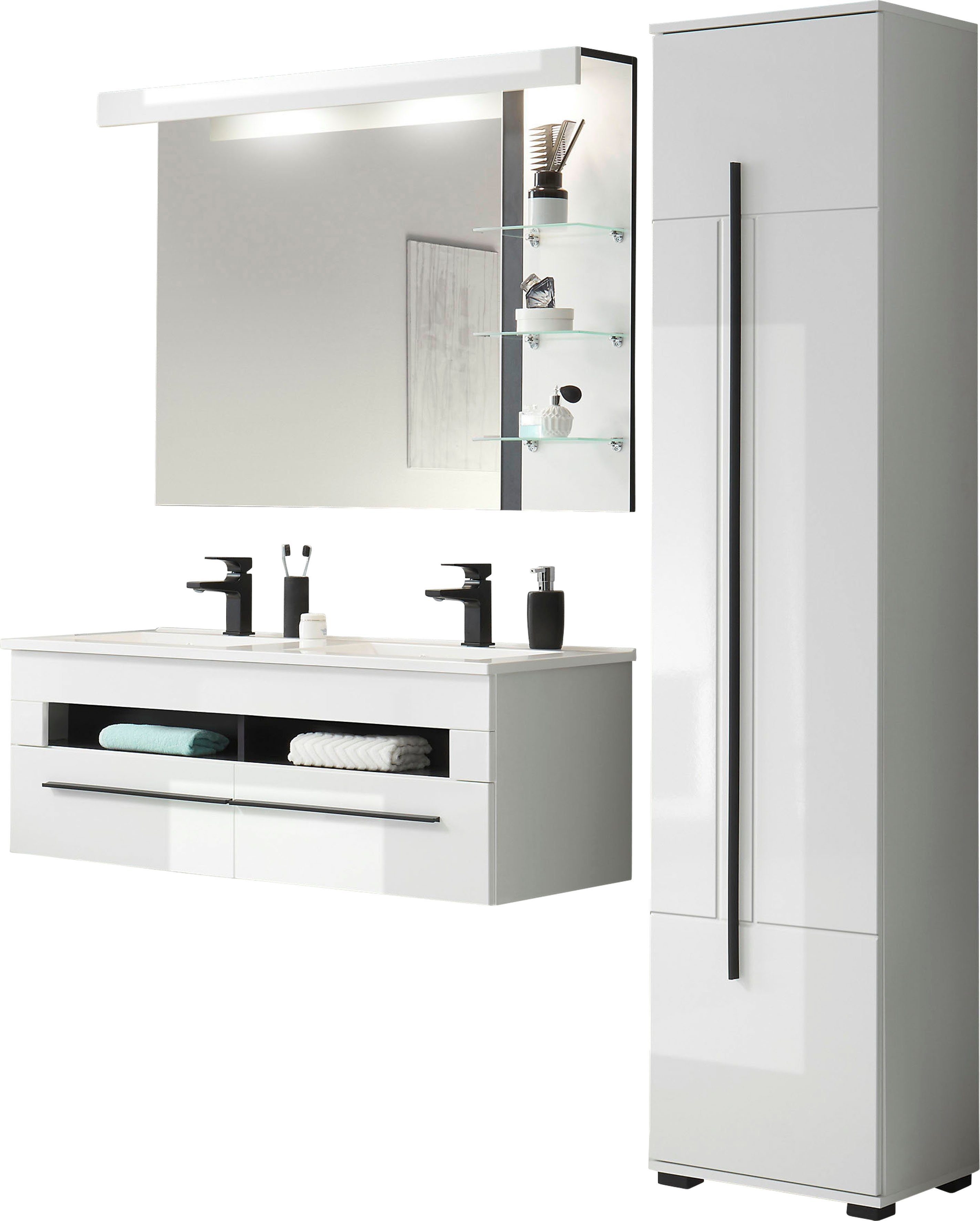 Home affaire Badmöbel-Set Cantara, Bad im modernen Design, 3-teiliges Badezimmer, (Set, 3-St), Waschtisch, Schrank und Spiegel, in Weiß Hochglanz, viel Stauraum