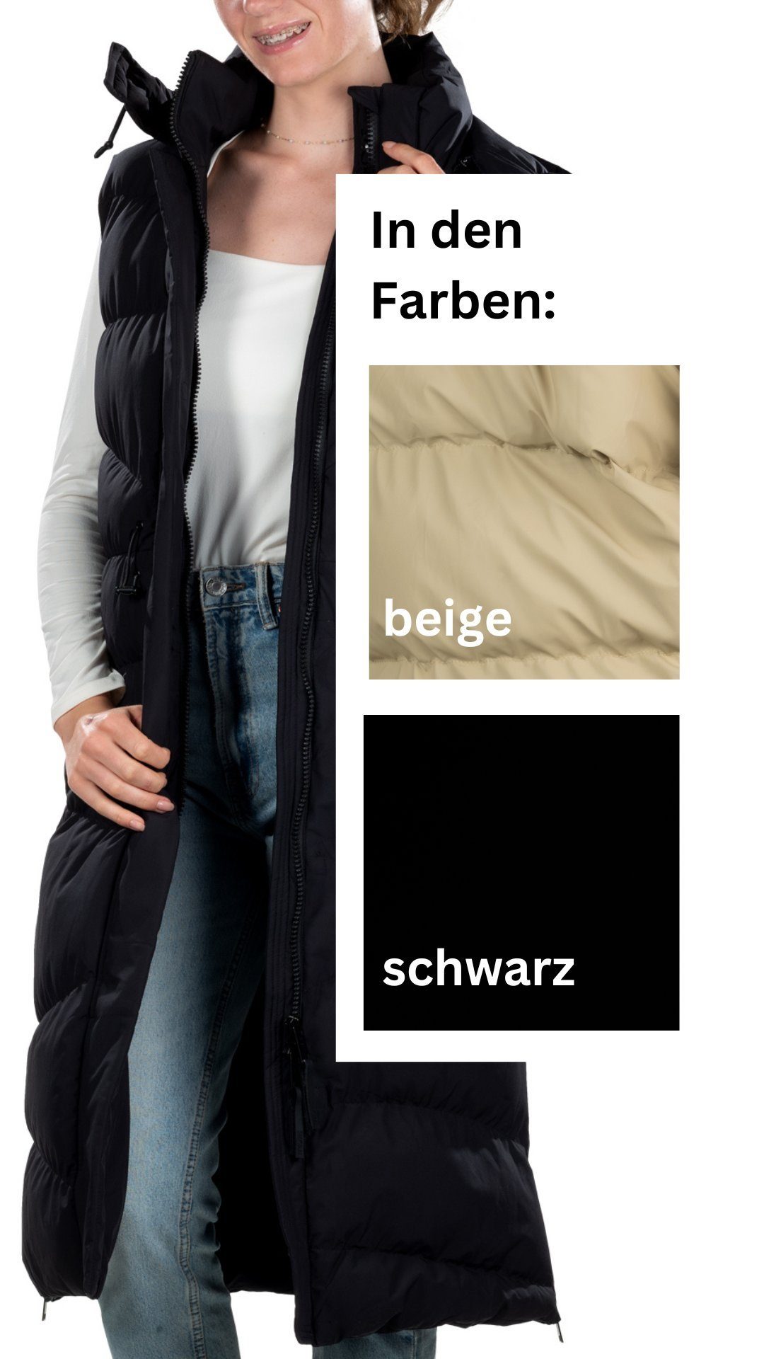 Shorai Steppweste Steppweste lang mit abnehmbarer Kapuze seitliche Gehschli günstig online kaufen