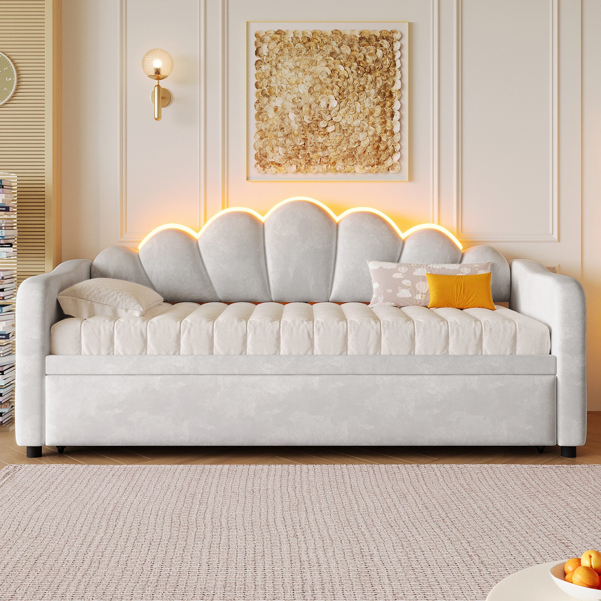 Odikalo Schlafsofa Schlafcouch mit Ausziehbett & LED, Polster-Tagesbett, Ausziehfunktion flach oder aufgestellt – Bild 3 von 5