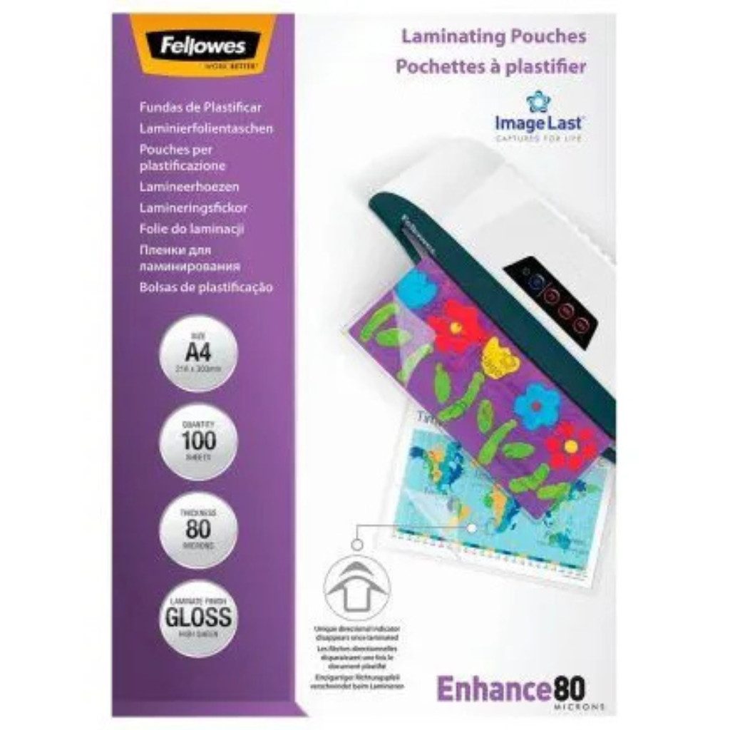 FELLOWES Schutzfolie 100 Fellowes Enhance80 ImageLast Laminierfolien, (Packung, 100-St., 100 Laminierfolien), Glänzende Oberfläche für brillante Ergebnisse