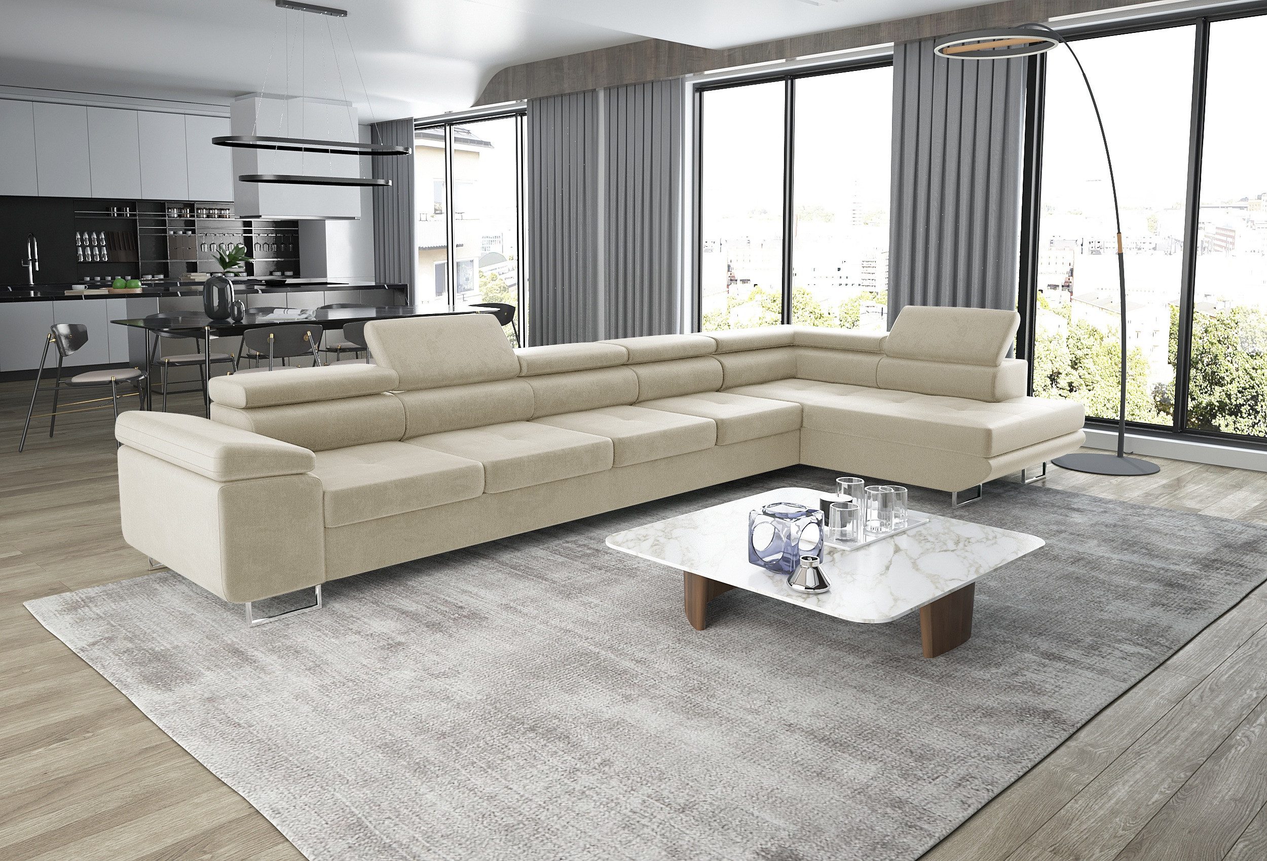 thematys Ecksofa ASTON MAXI 405 x 203cm mit Schlaffunktion & Bettkasten –, L-Sofa mit 5 verstellbaren Kopfstützen, Samt (Monolith), Cord (Poso) - L-Form, XL-Wohnlandschaft, 405 cm breit