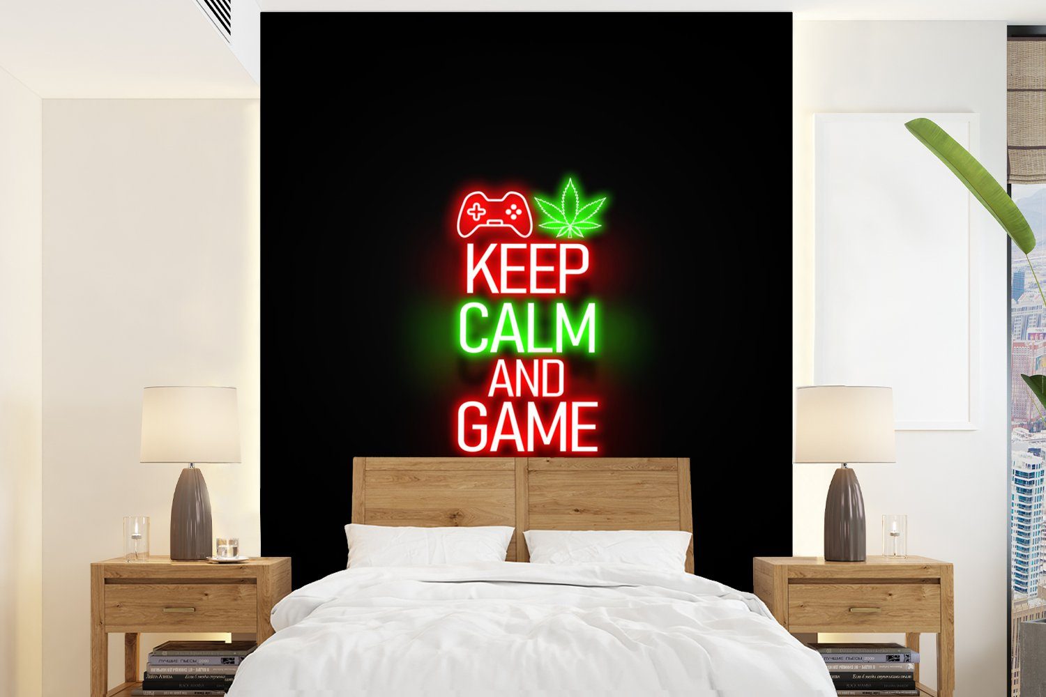 MuchoWow Fototapete Gaming - Neon - Ruhe bewahren und weiterspielen - Rot - Text, Matt, bedruckt, (4 St), Montagefertig Vinyl Tapete für Wohnzimmer, Wandtapete